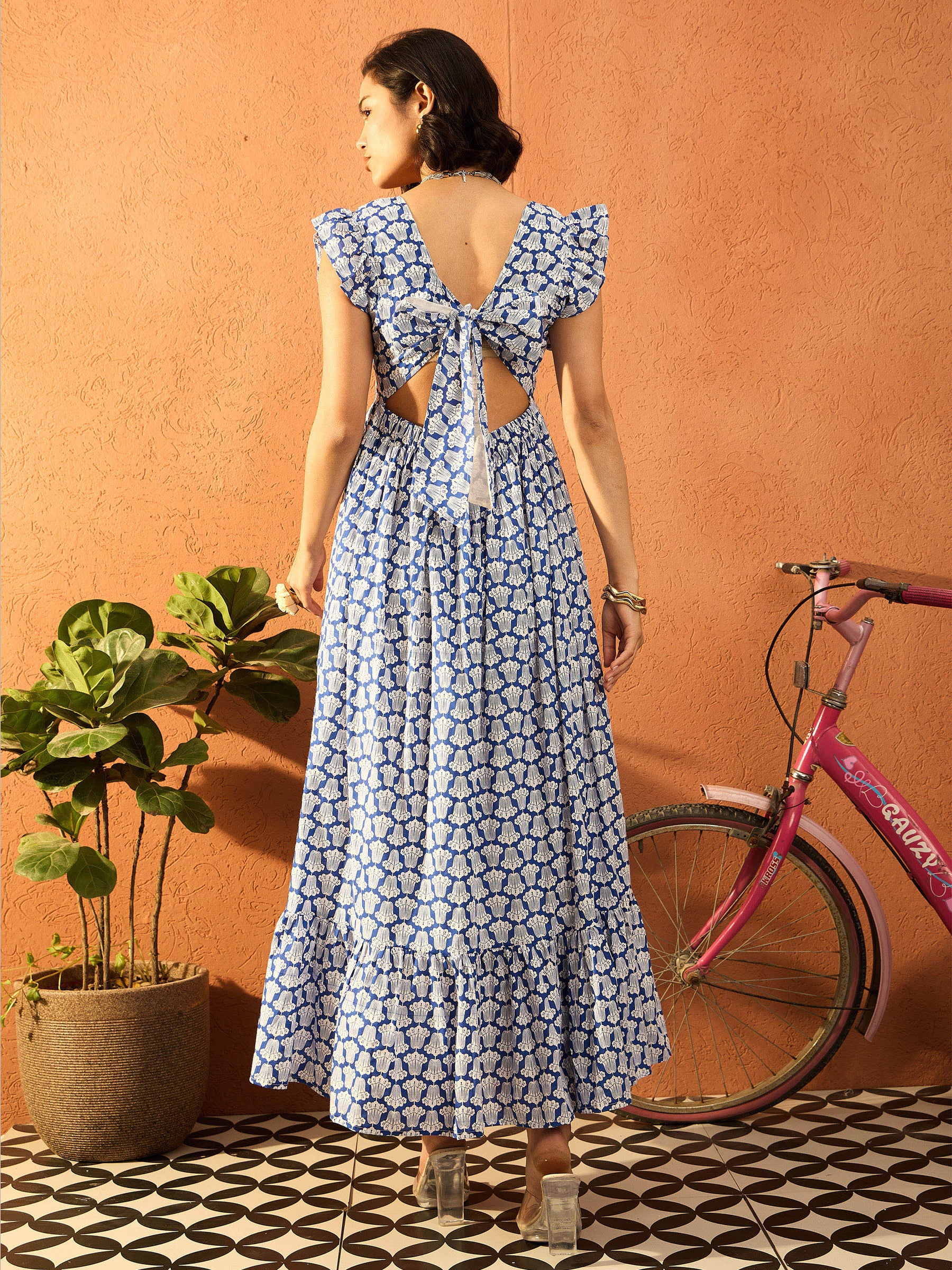 Blue & White Floral Back Knot Maxi Dress-Pink Paprika By SASSAFRAS