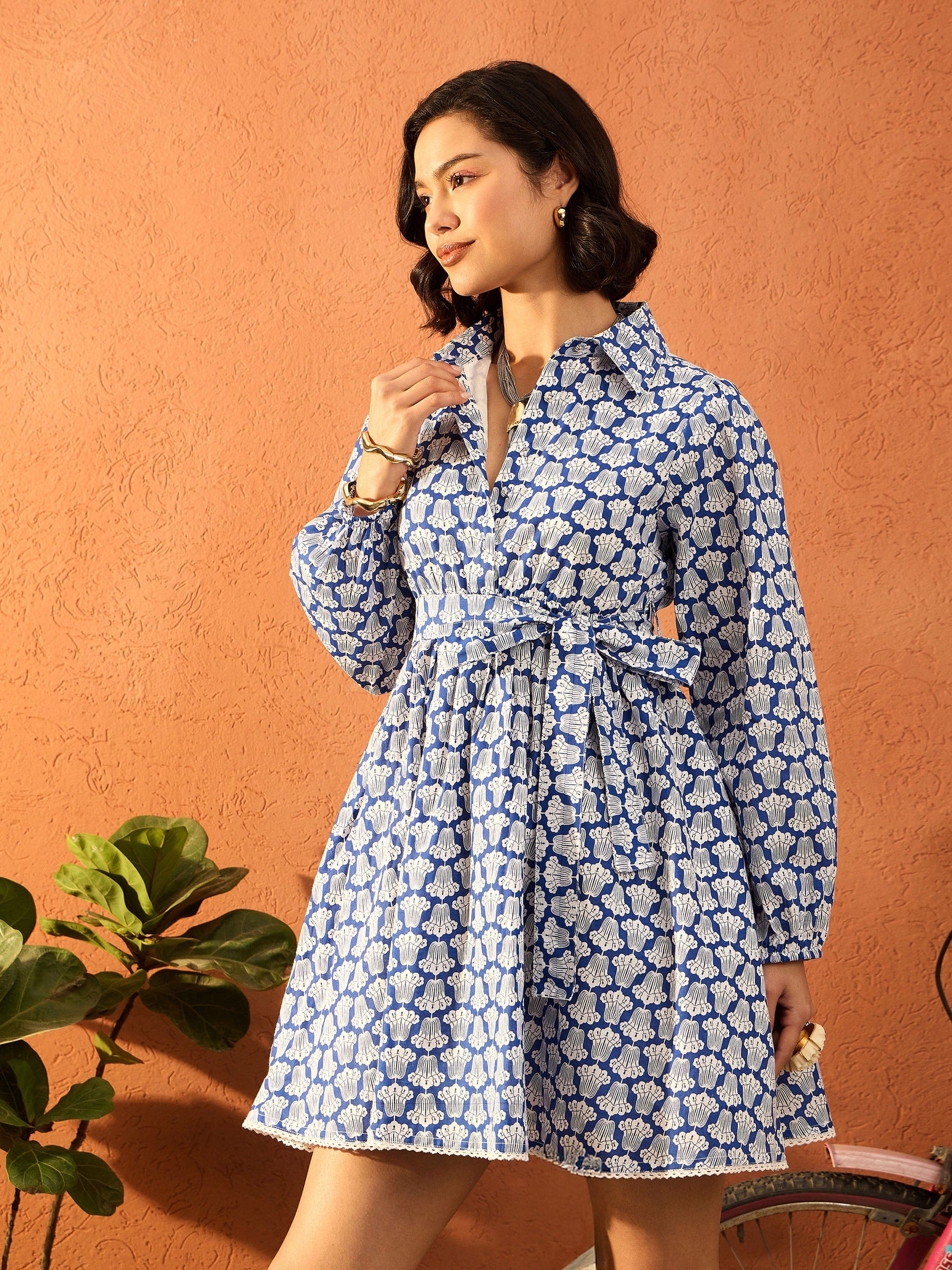 Blue & White Floral Front Button Short Dress-Pink Paprika By SASSAFRAS