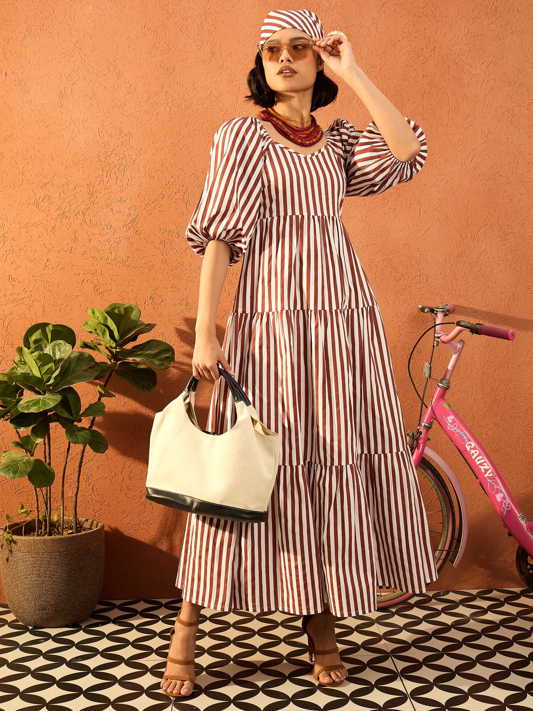 Buy Women Brown & White Stripe Tiered Maxi Dress Online at Best Price