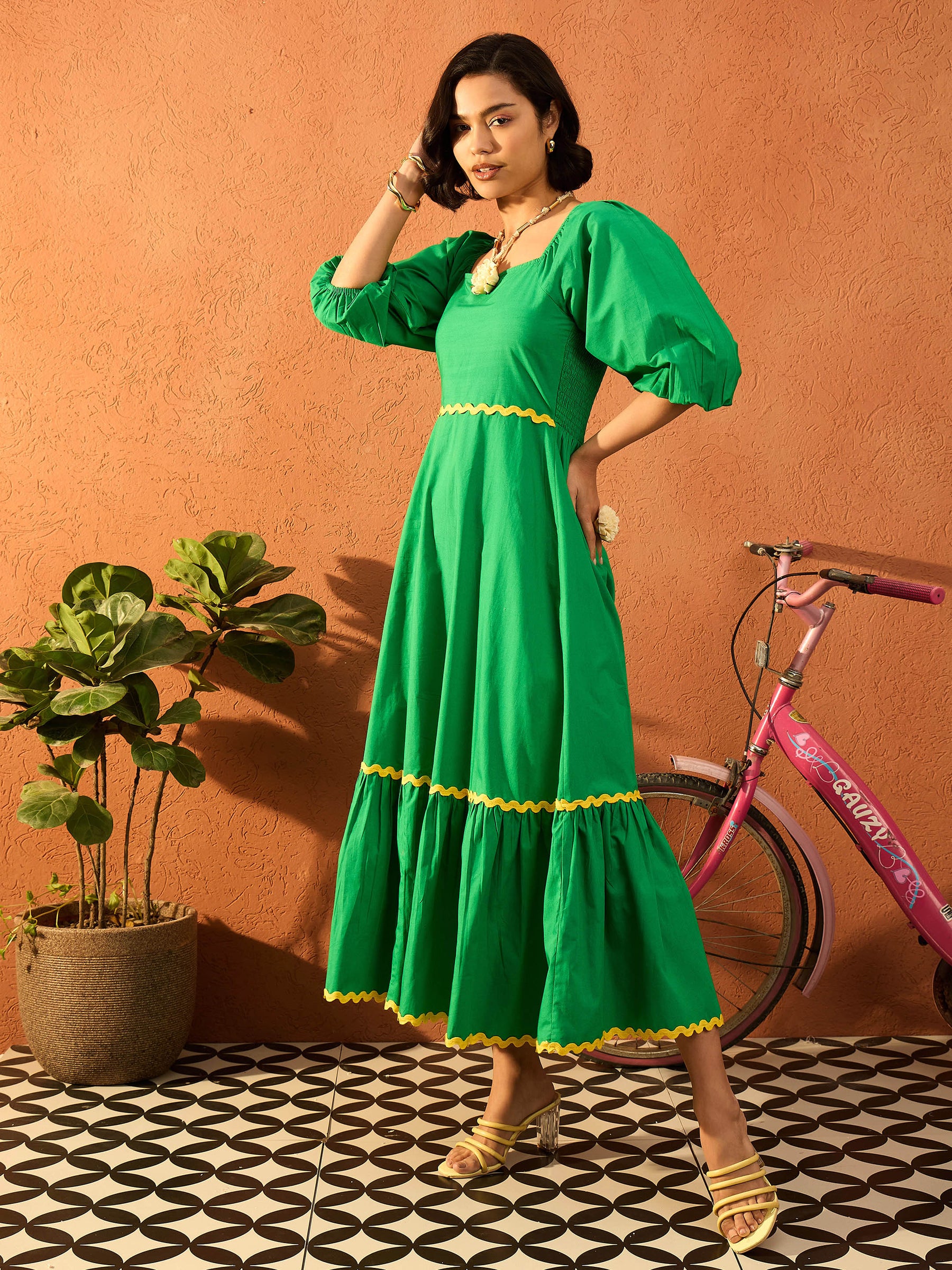 Green Ric Rac Lace Square Neck Maxi Dress-Pink Paprika By SASSAFRAS
