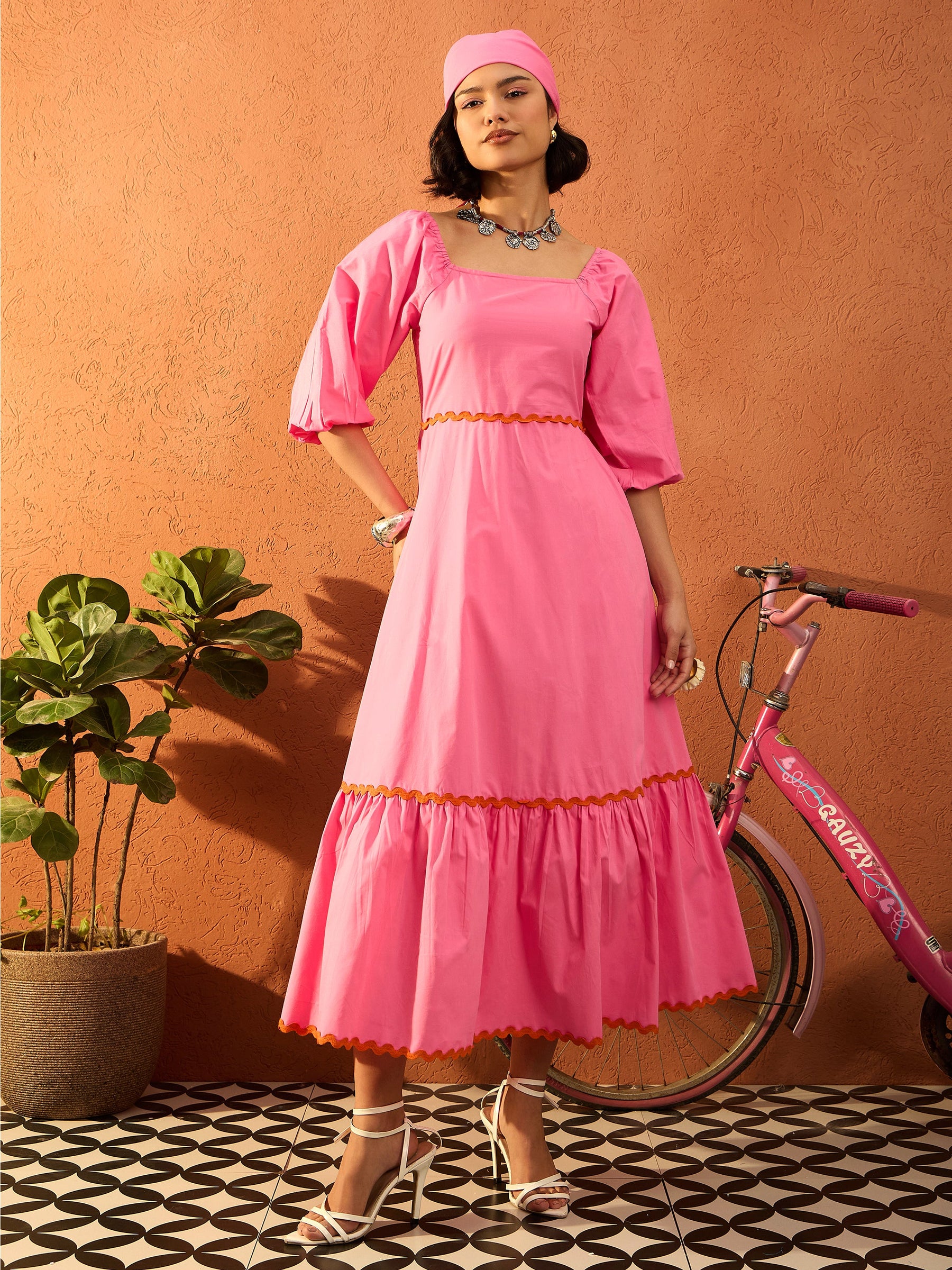 Pink Ric Rac Lace Square Neck Maxi Dress-Pink Paprika By SASSAFRAS