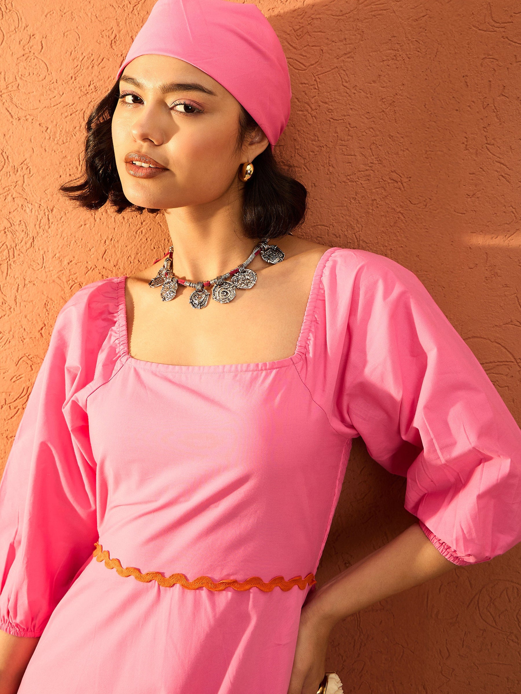 Pink Ric Rac Lace Square Neck Maxi Dress-Pink Paprika By SASSAFRAS