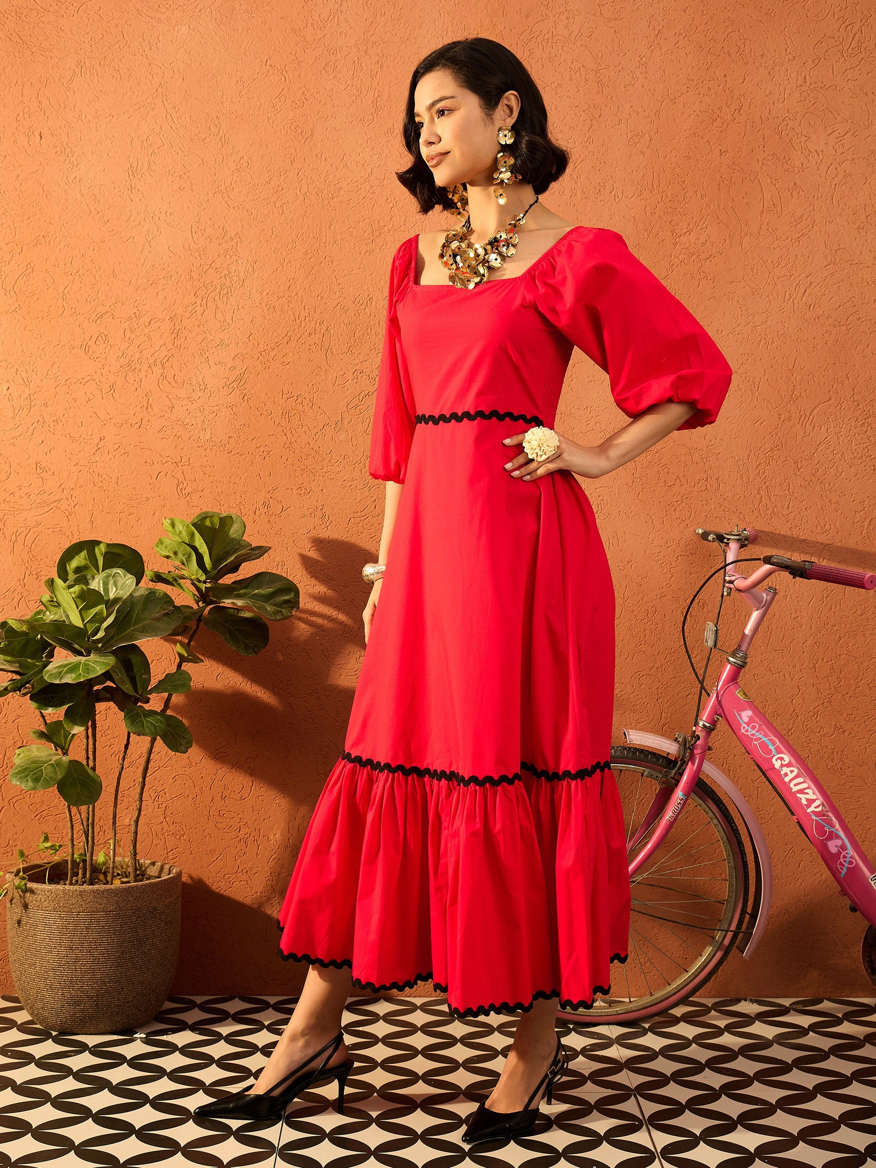 Red Ric Rac Lace Square Neck Maxi Dress-Pink Paprika By SASSAFRAS