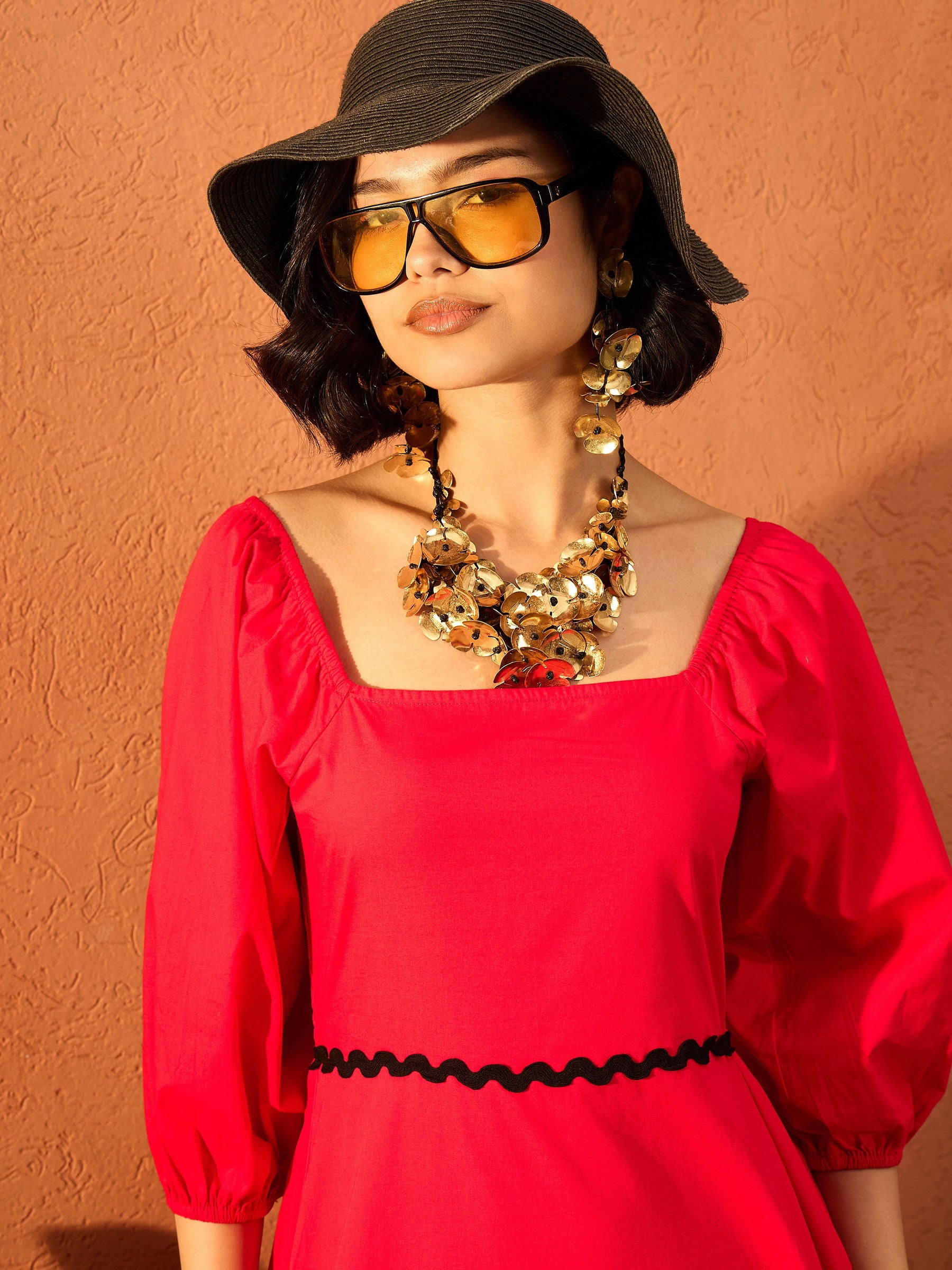 Red Ric Rac Lace Square Neck Maxi Dress-Pink Paprika By SASSAFRAS