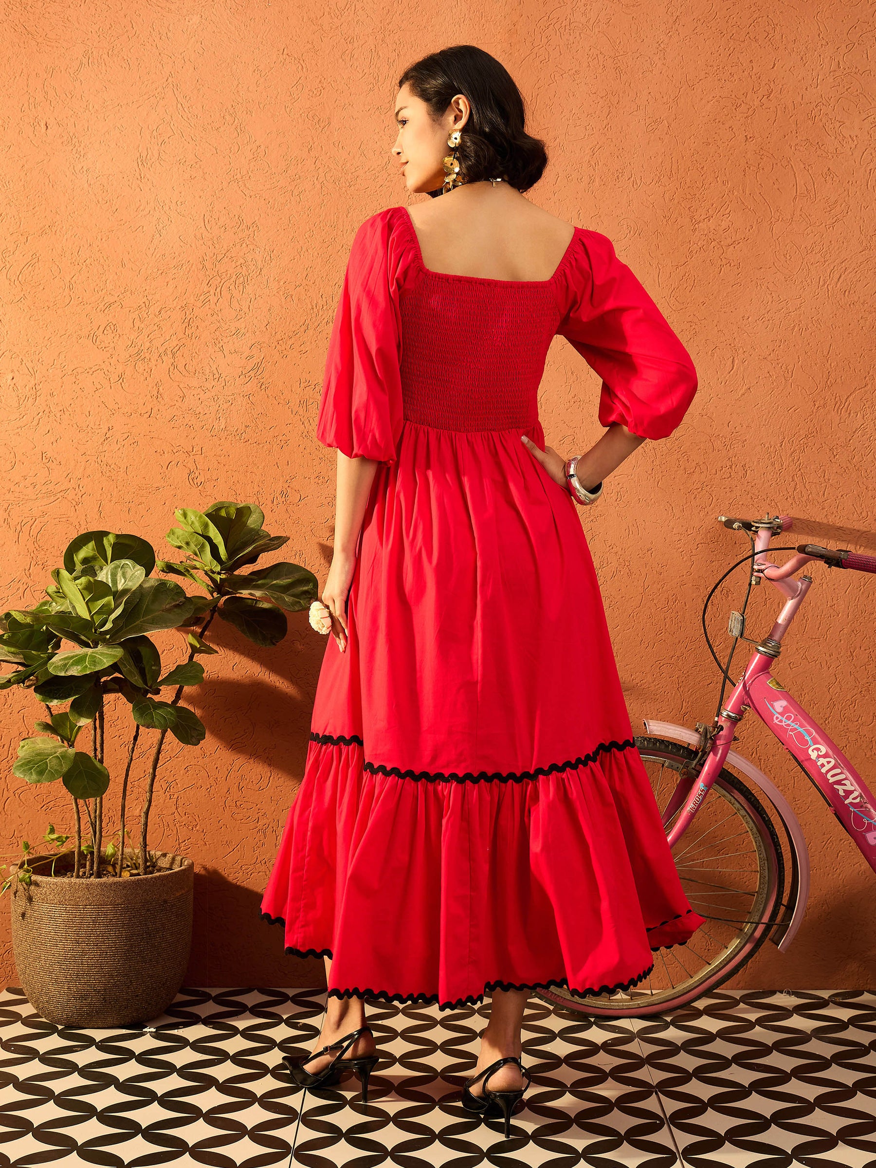 Red Ric Rac Lace Square Neck Maxi Dress-Pink Paprika By SASSAFRAS