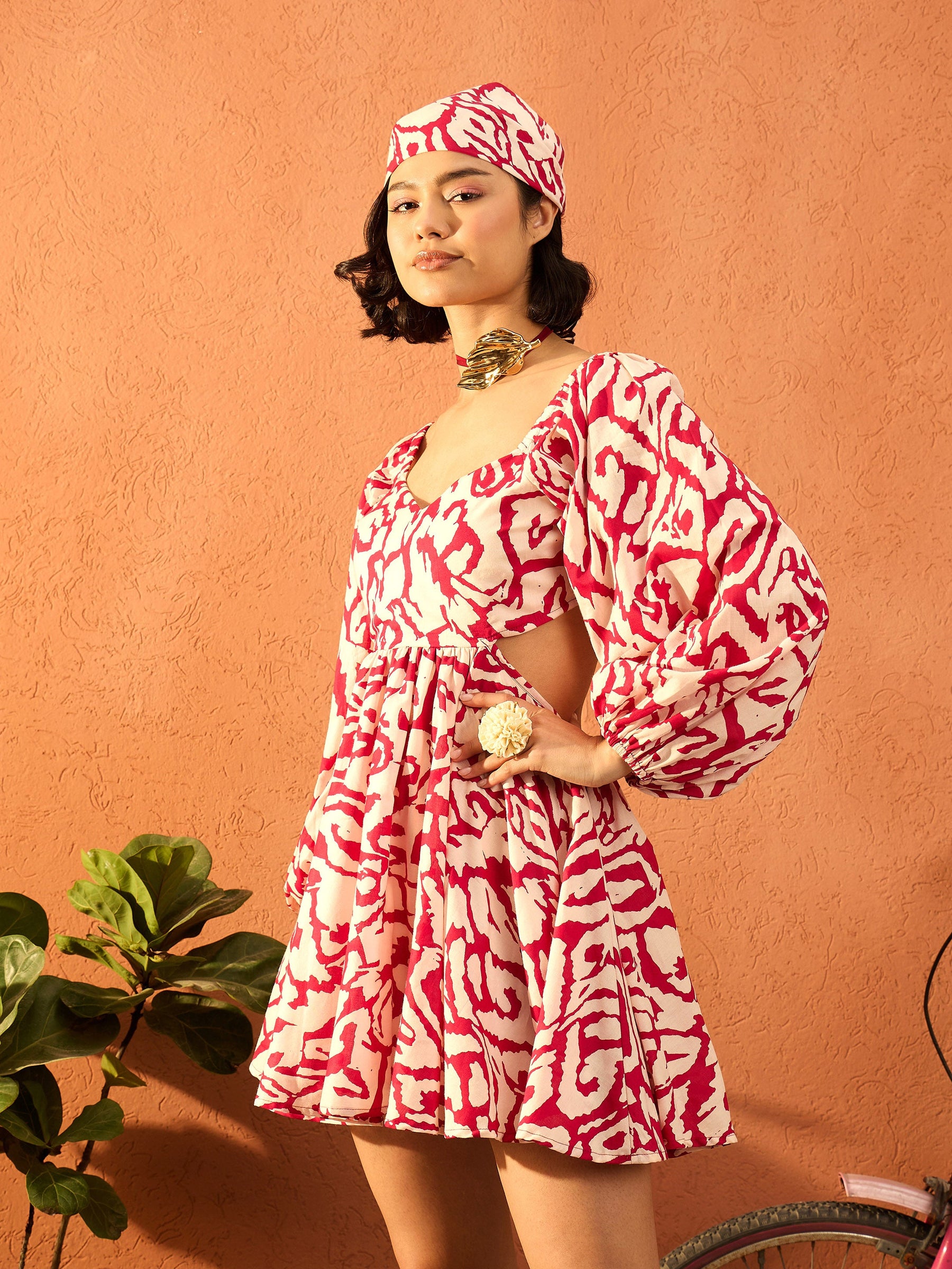 Red & Off White Ikat Back Cut Out Short Skater Dress-Pink Paprika By SASSAFRAS