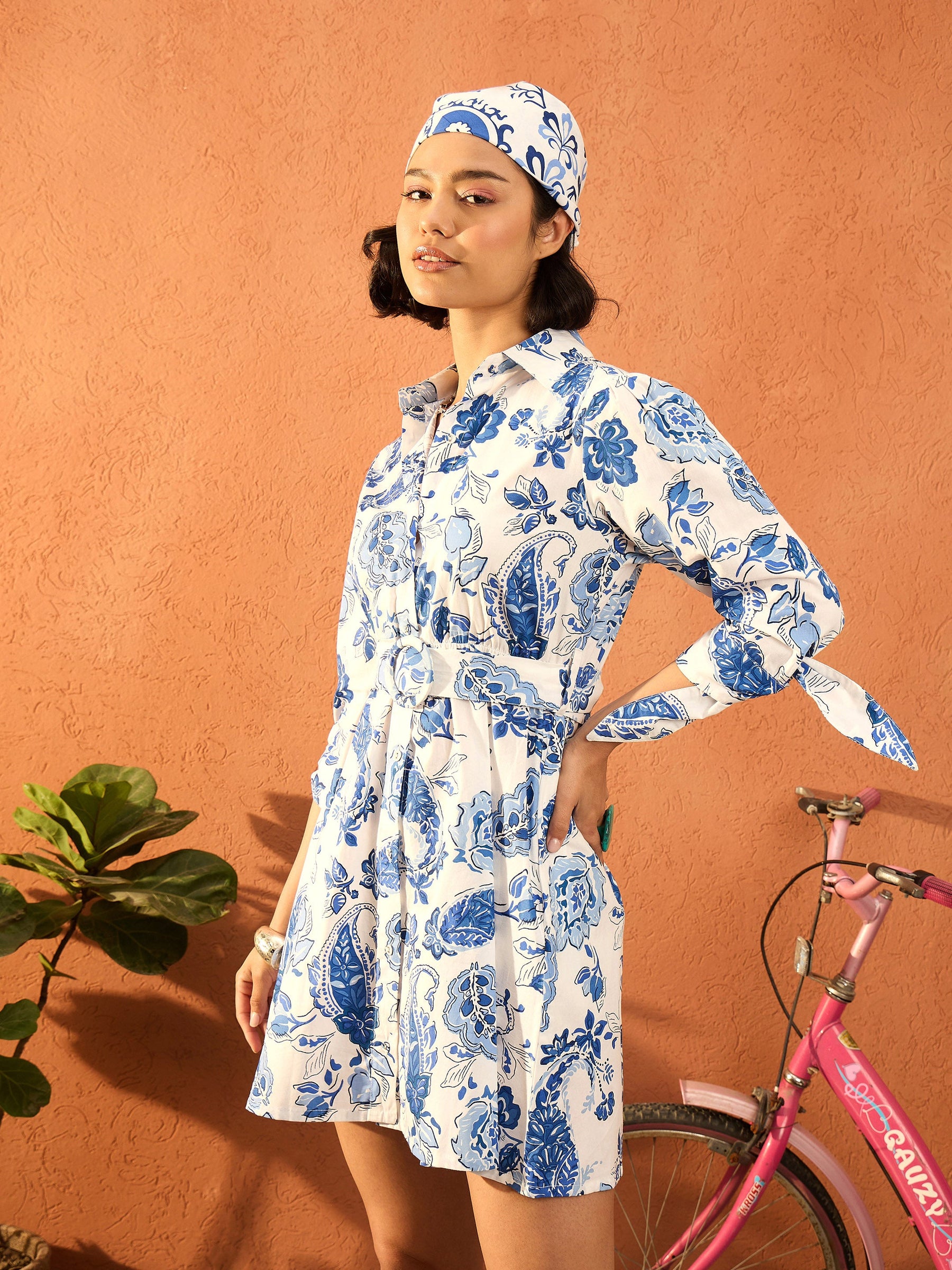 Blue & White Floral Front Button Belted Short Dress-Pink Paprika By SASSAFRAS