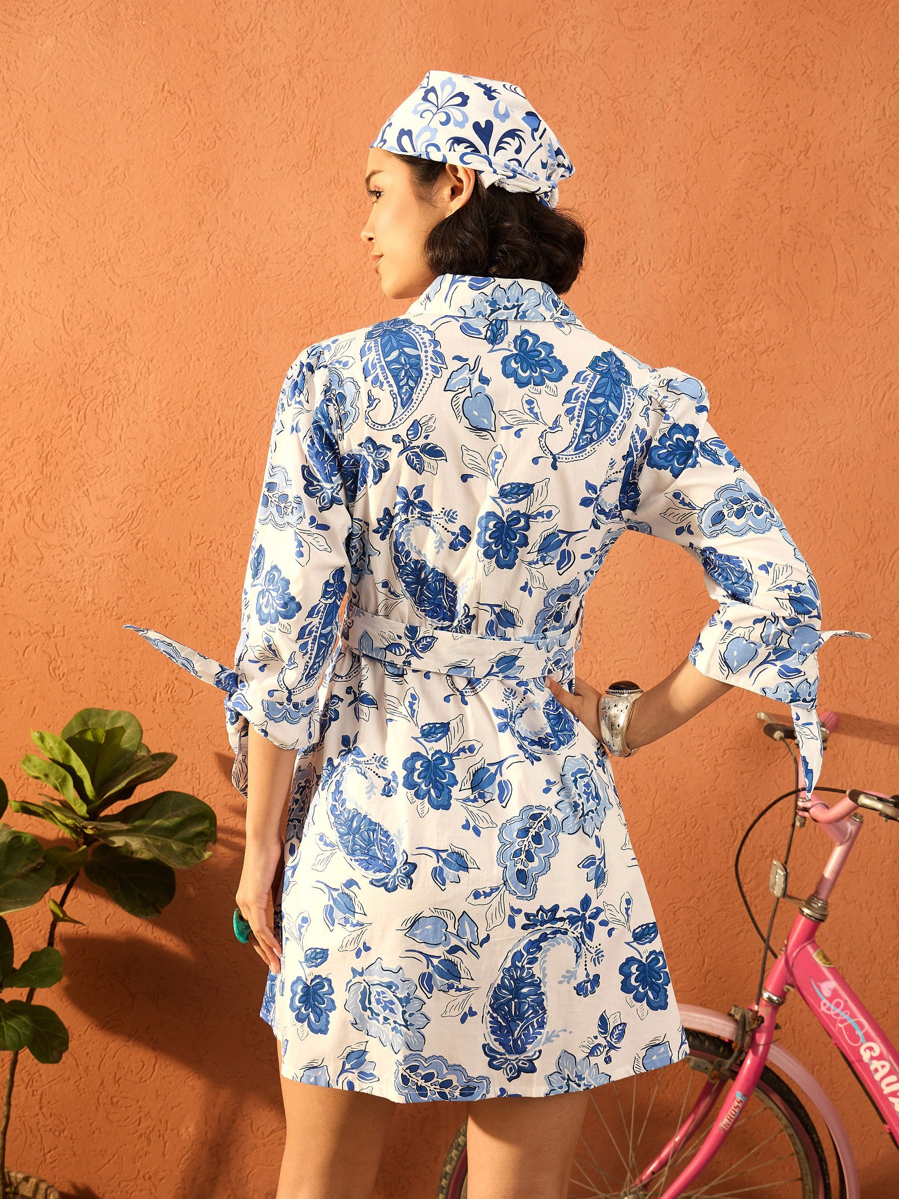 Blue & White Floral Front Button Belted Short Dress-Pink Paprika By SASSAFRAS