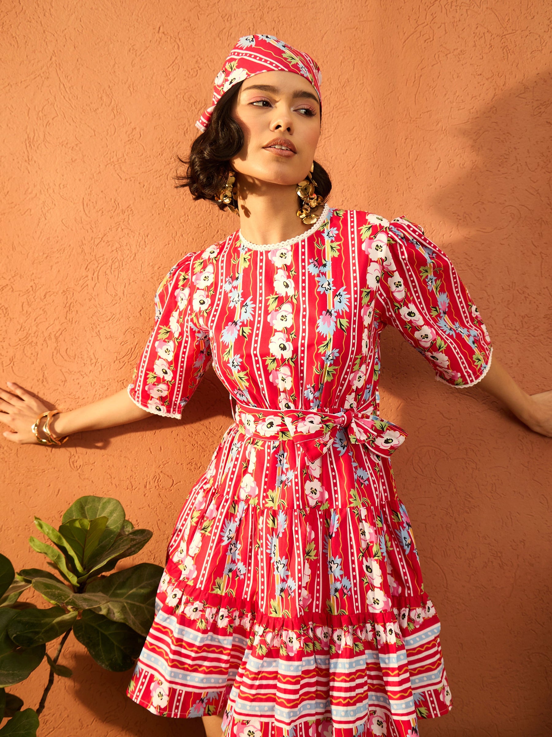 Red Floral Round Neck Short Tired Dress-Pink Paprika By SASSAFRAS