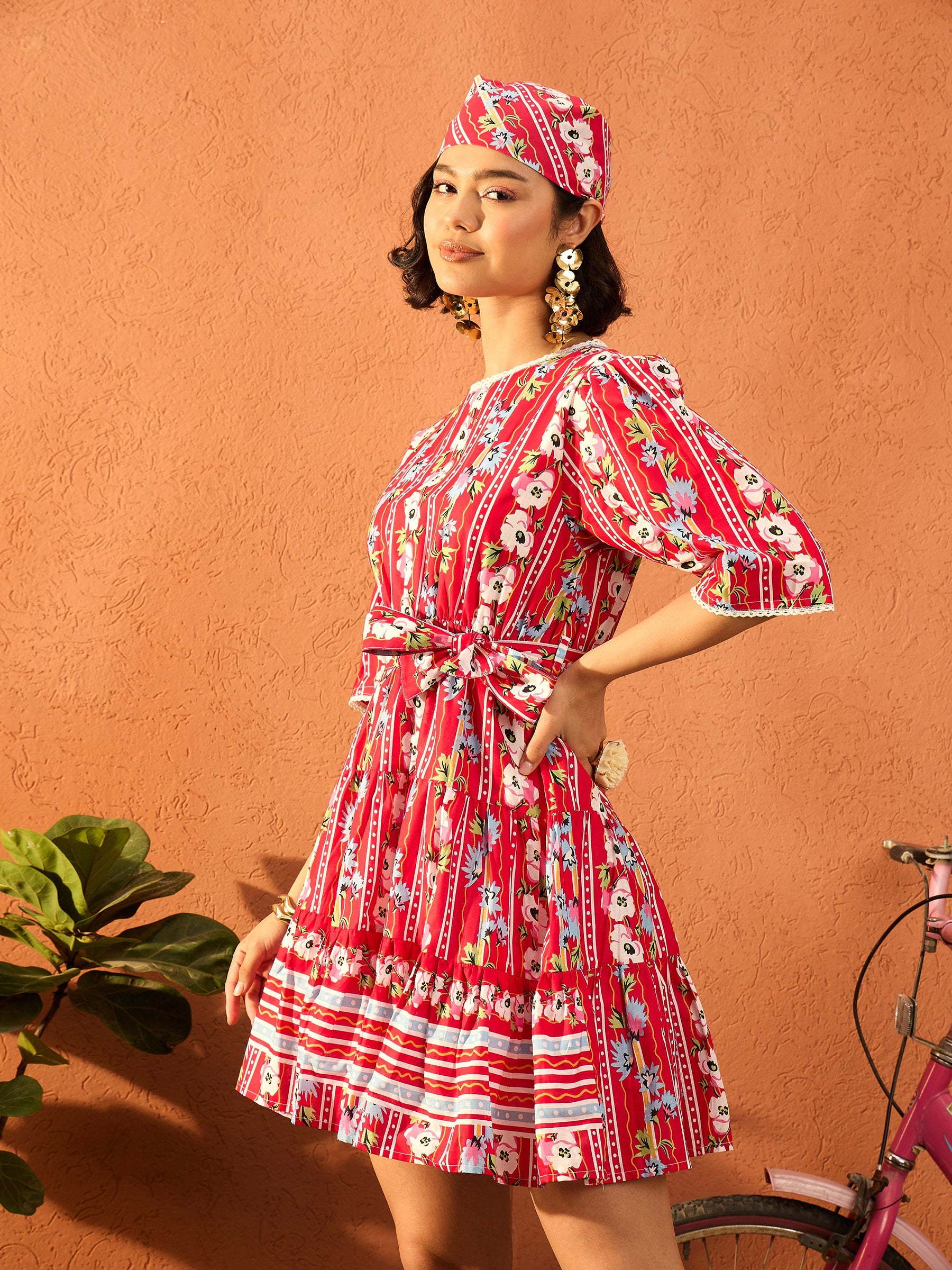 Red Floral Round Neck Short Tired Dress-Pink Paprika By SASSAFRAS