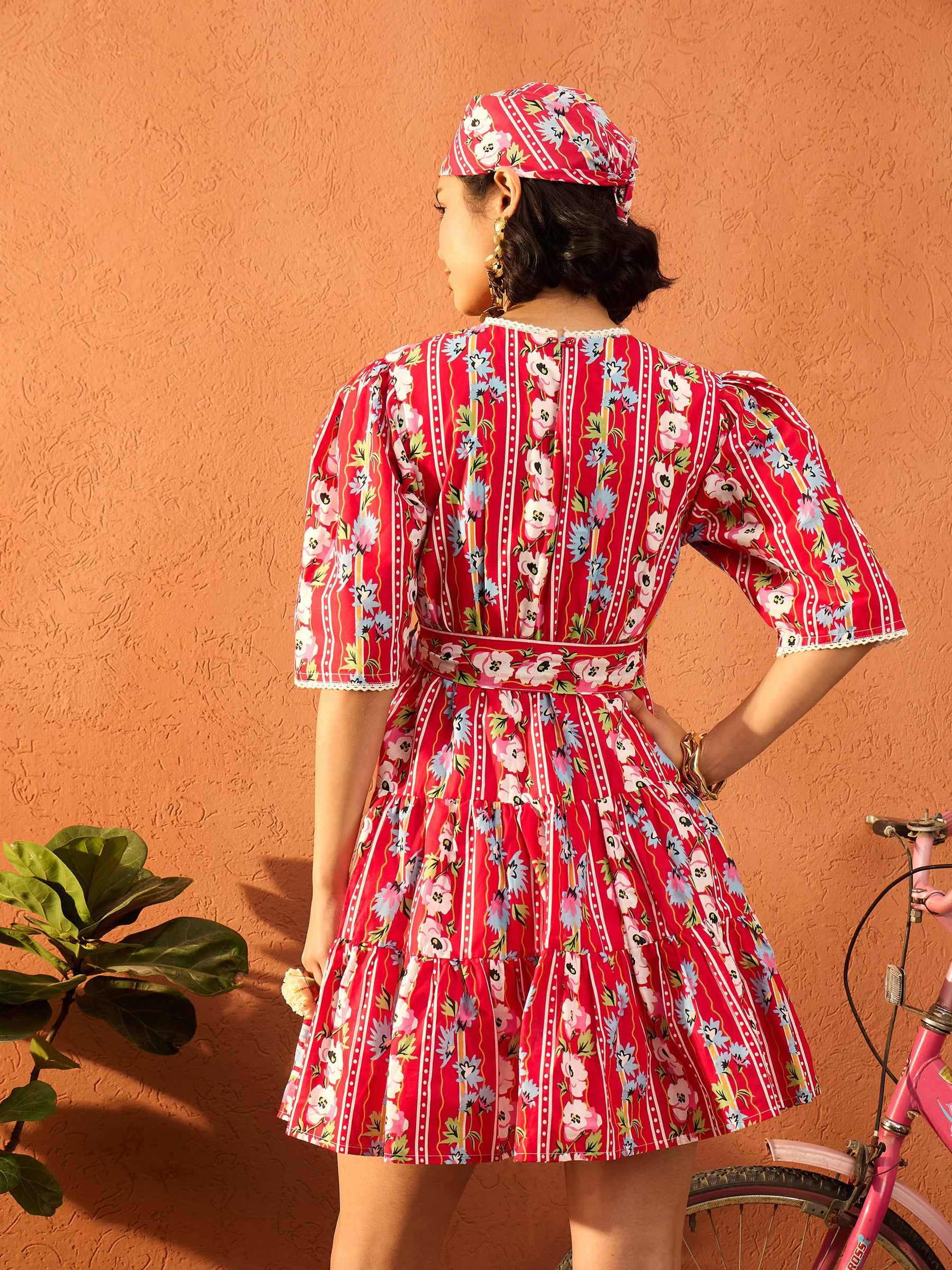 Red Floral Round Neck Short Tired Dress-Pink Paprika By SASSAFRAS