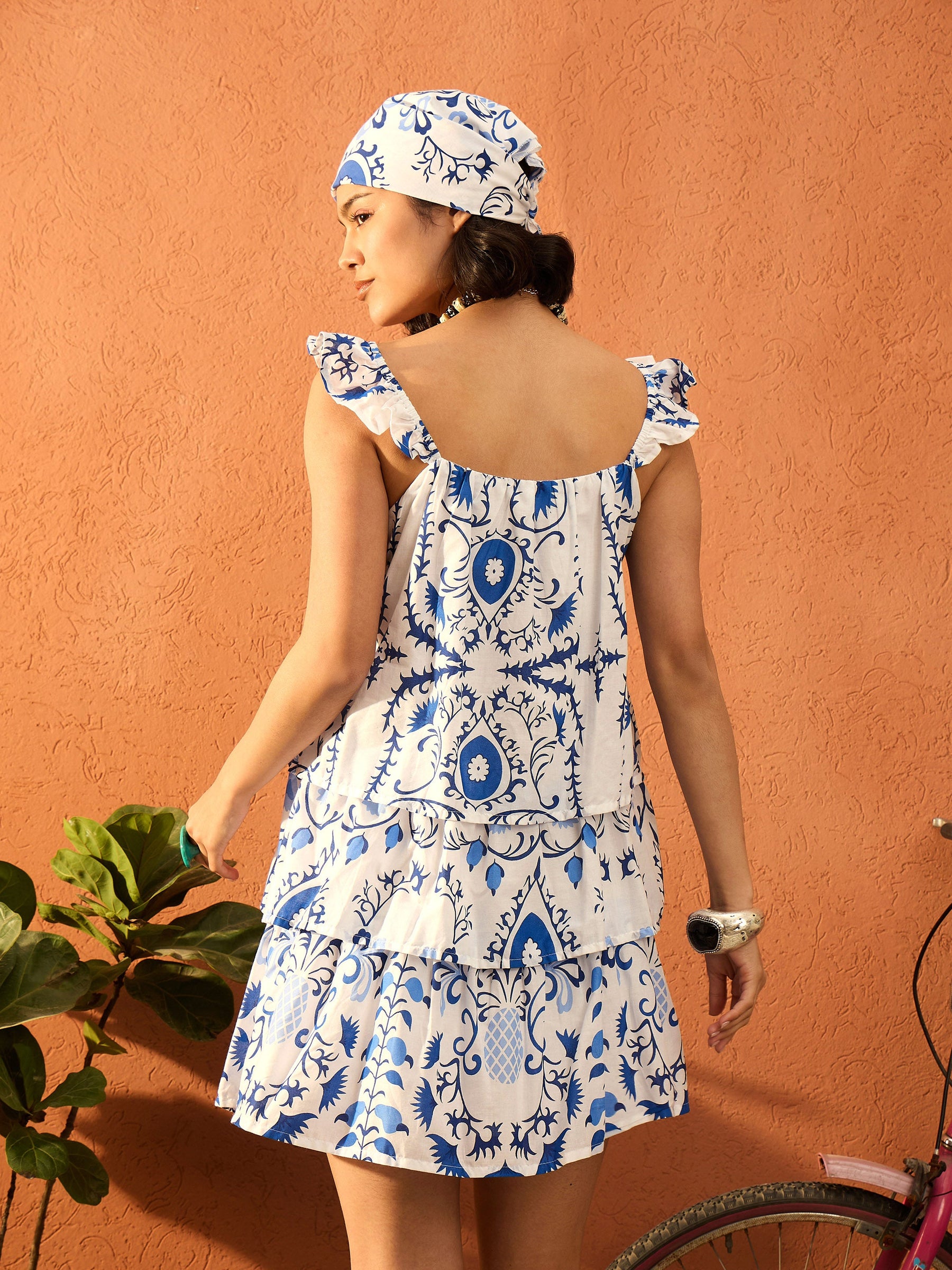 Blue & White Floral Strappy Tired Frill Short Dress-Pink Paprika By SASSAFRAS
