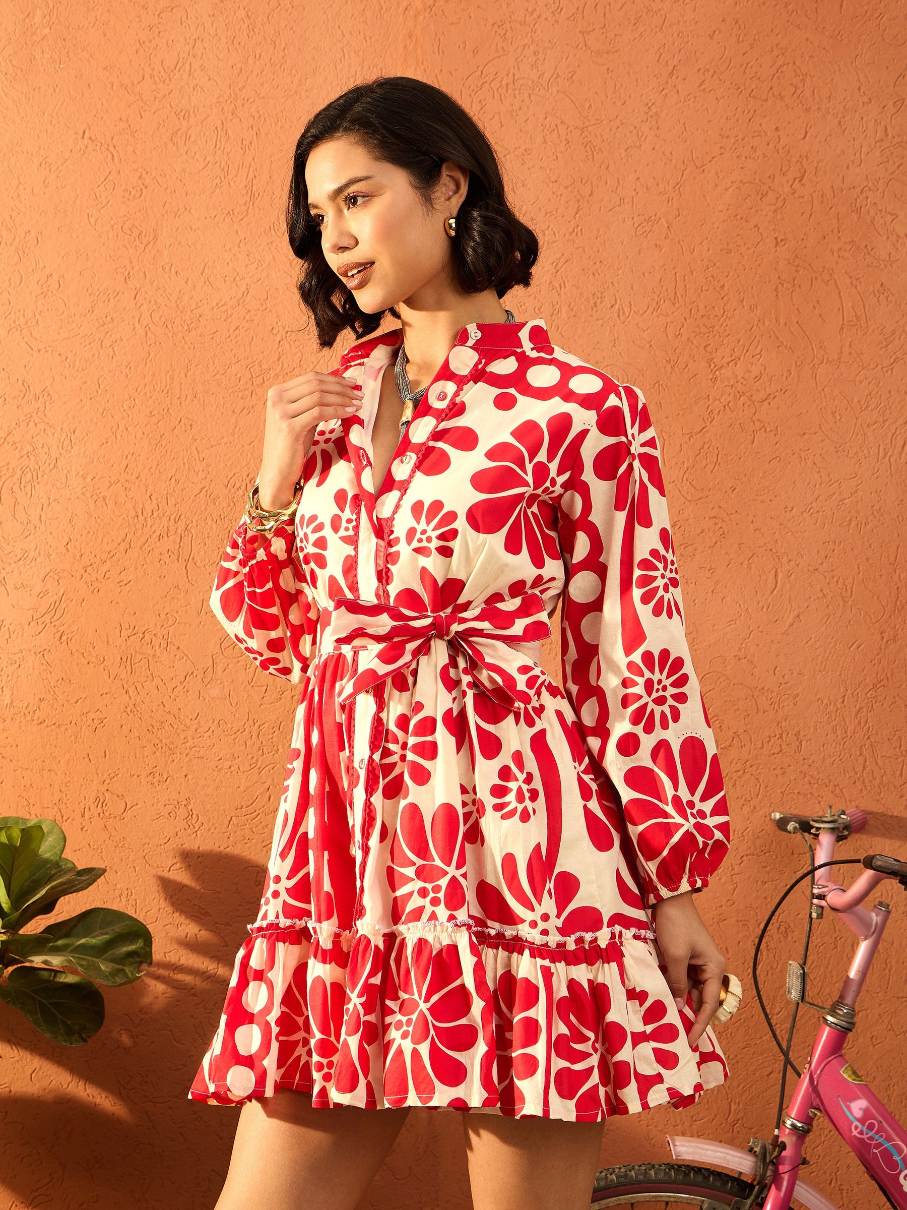 Red & Beige Floral Front Button Short Dress-Pink Paprika By SASSAFRAS