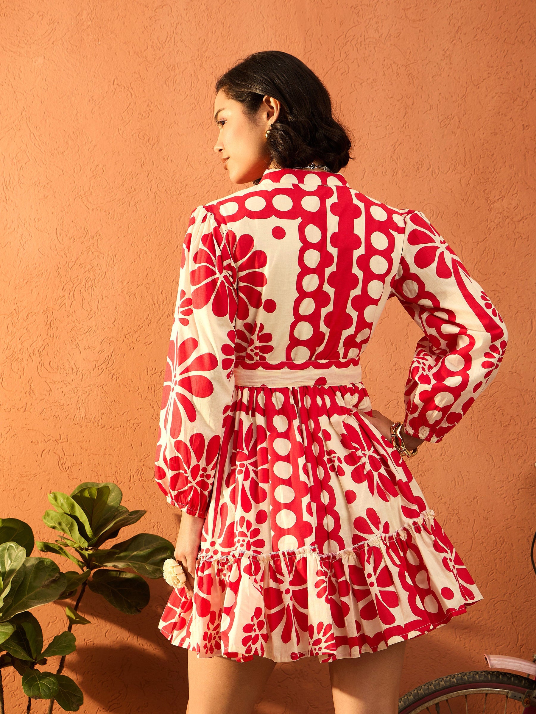 Red & Beige Floral Front Button Short Dress-Pink Paprika By SASSAFRAS