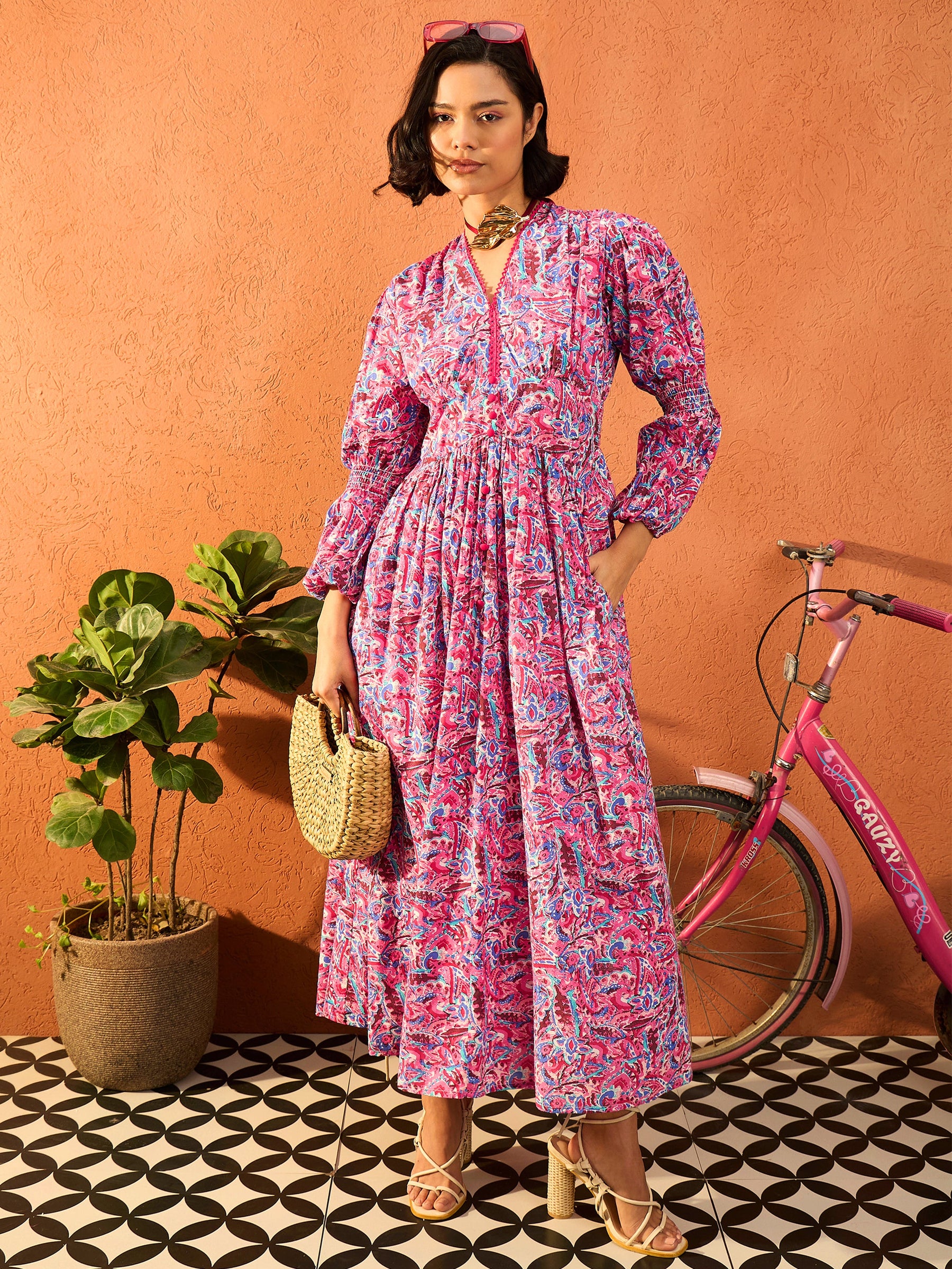 Pink Paisley V Neck Gathered Maxi Dress-Pink Paprika By SASSAFRAS