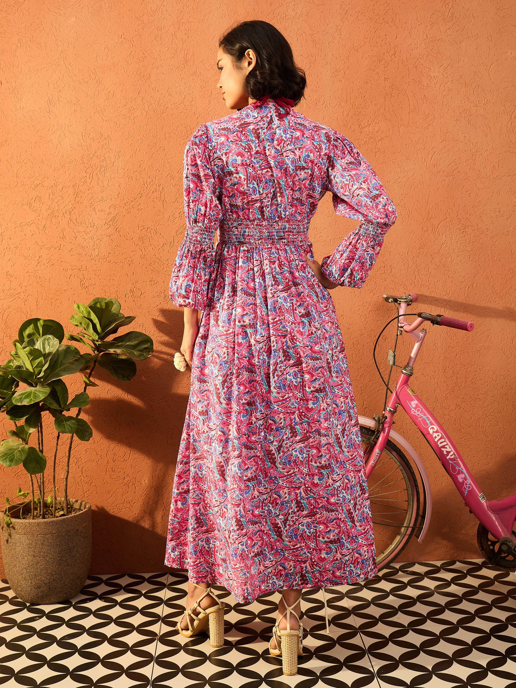 Pink Paisley V Neck Gathered Maxi Dress-Pink Paprika By SASSAFRAS