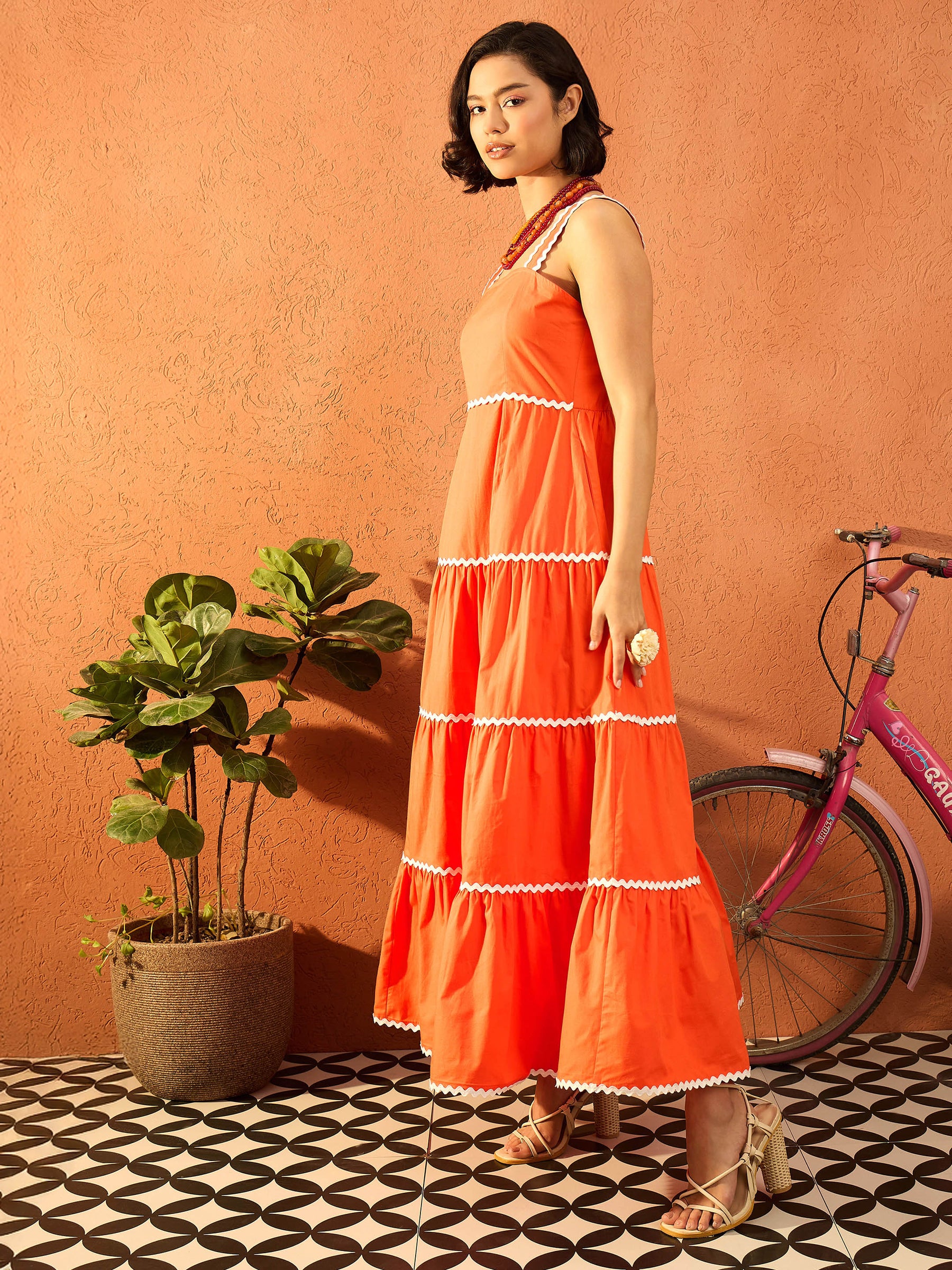 Orange Ric Rac Lace Strappy Tiered Maxi Dress-Pink Paprika By SASSAFRAS