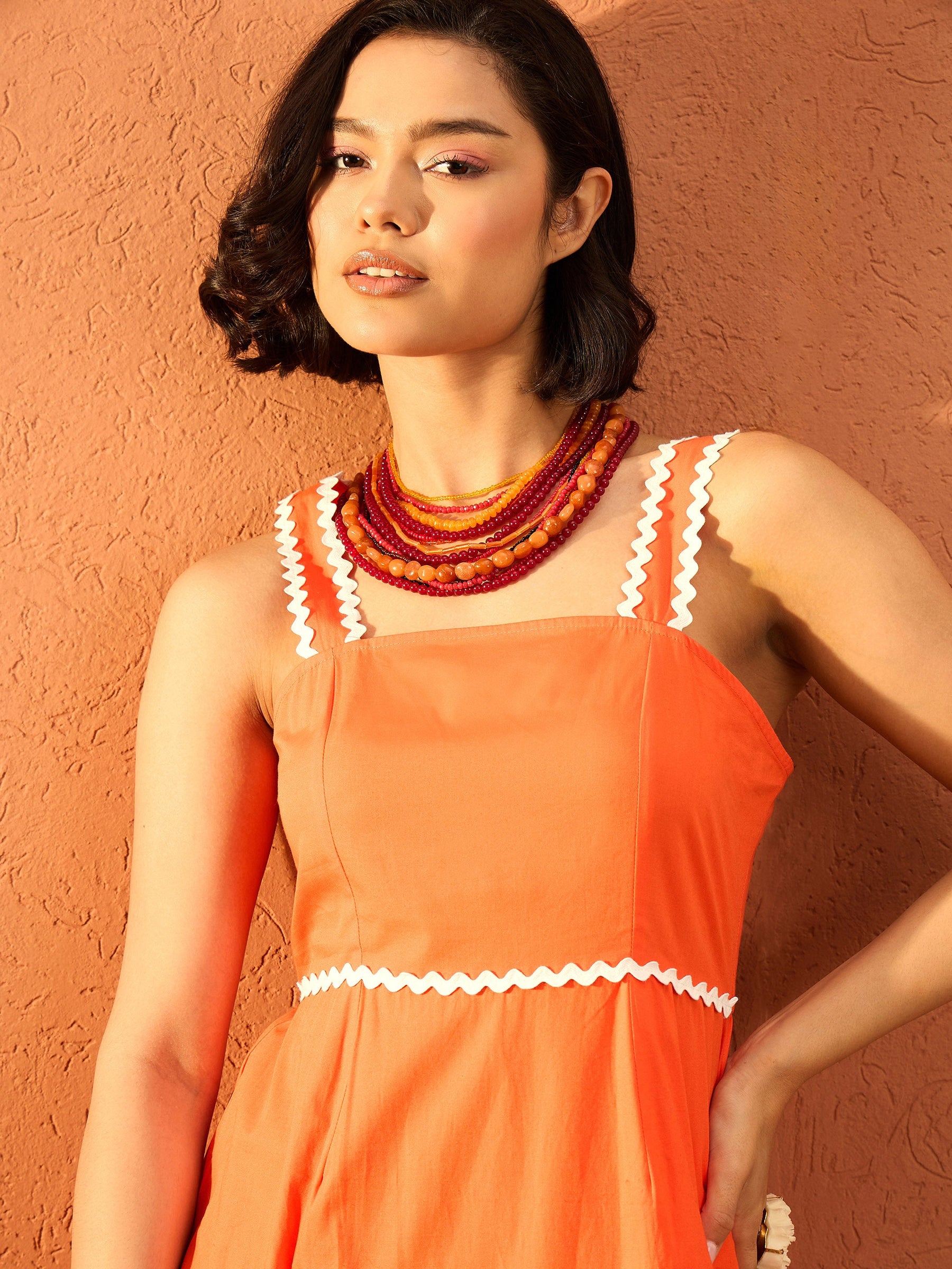 Orange Ric Rac Lace Strappy Tiered Maxi Dress-Pink Paprika By SASSAFRAS