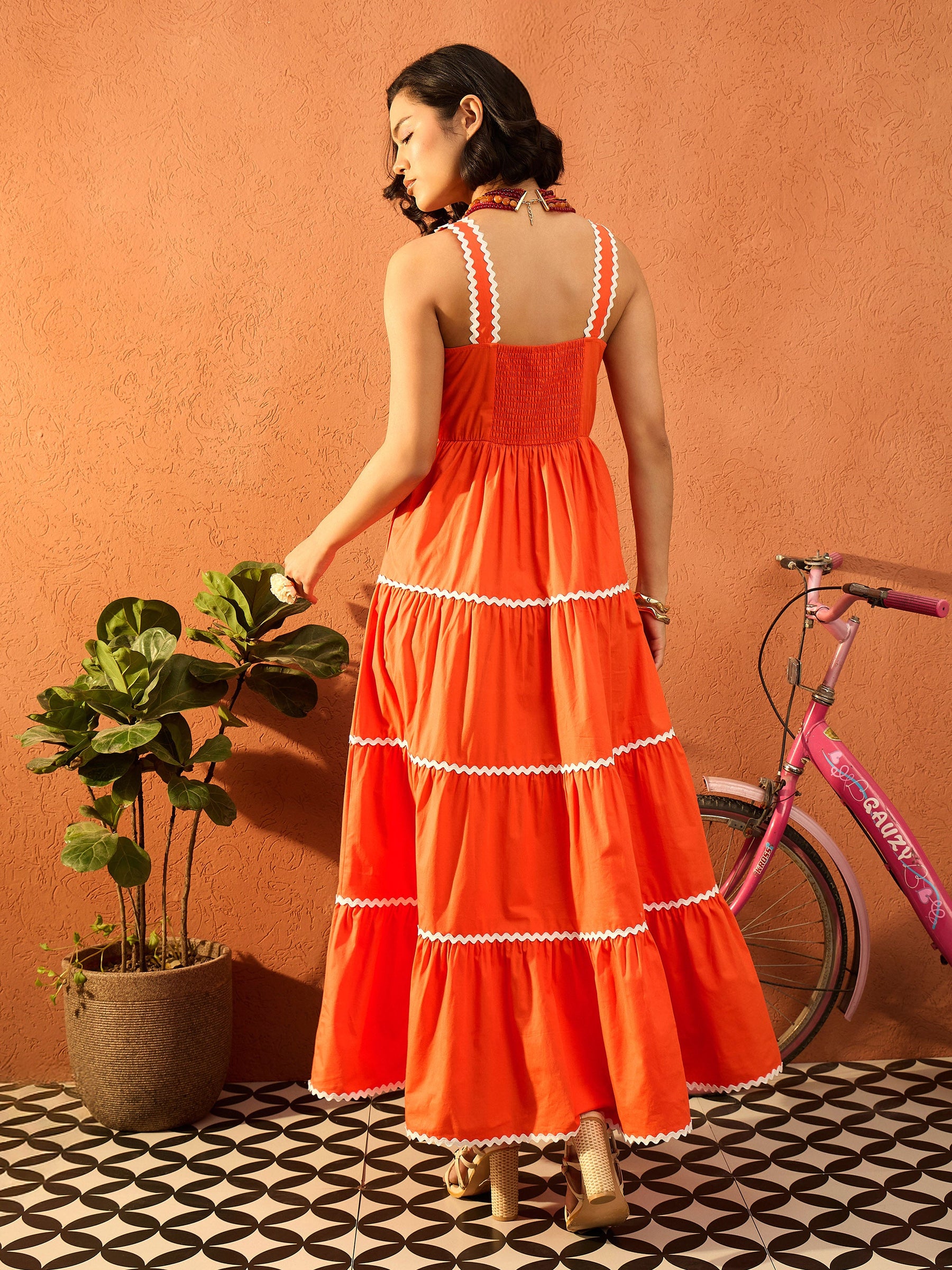 Orange Ric Rac Lace Strappy Tiered Maxi Dress-Pink Paprika By SASSAFRAS