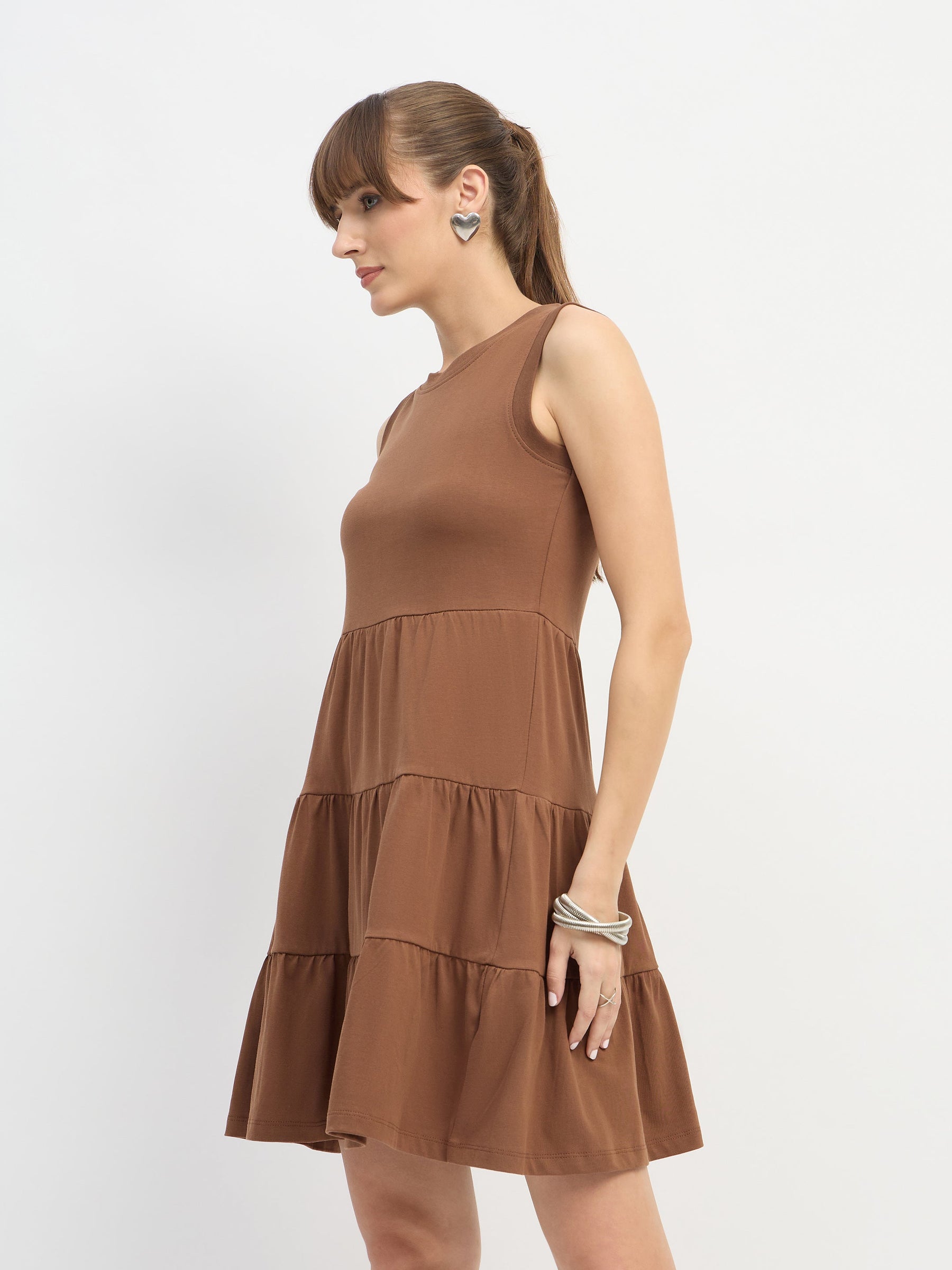 Brown Jersey Sleeveless Tiered Short Dress-SASSAFRAS