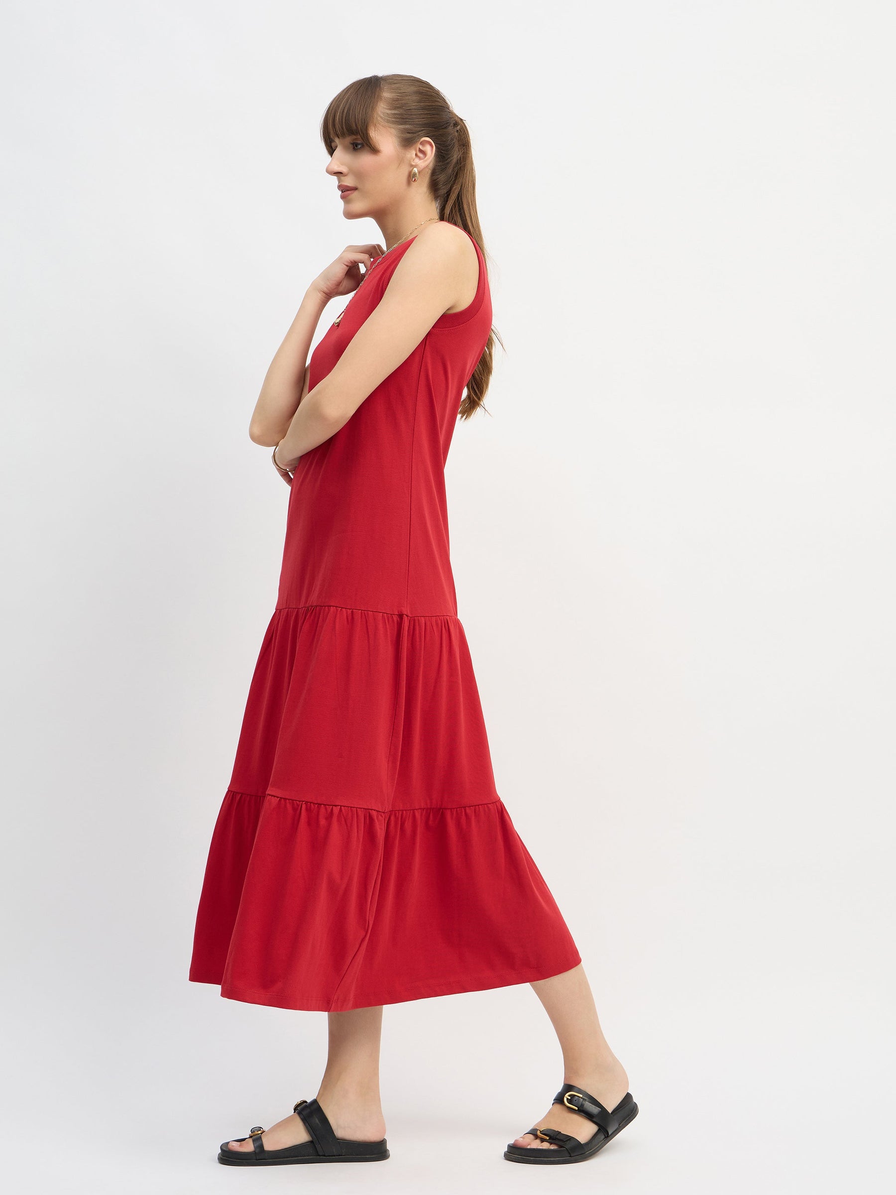 Red Sleeveless Tiered Midi Dress-SASSAFRAS
