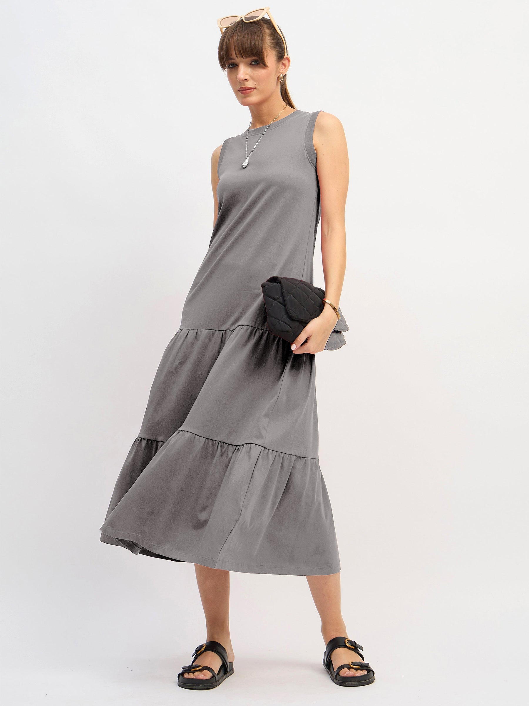 Grey Sleeveless Tiered Midi Dress-SASSAFRAS