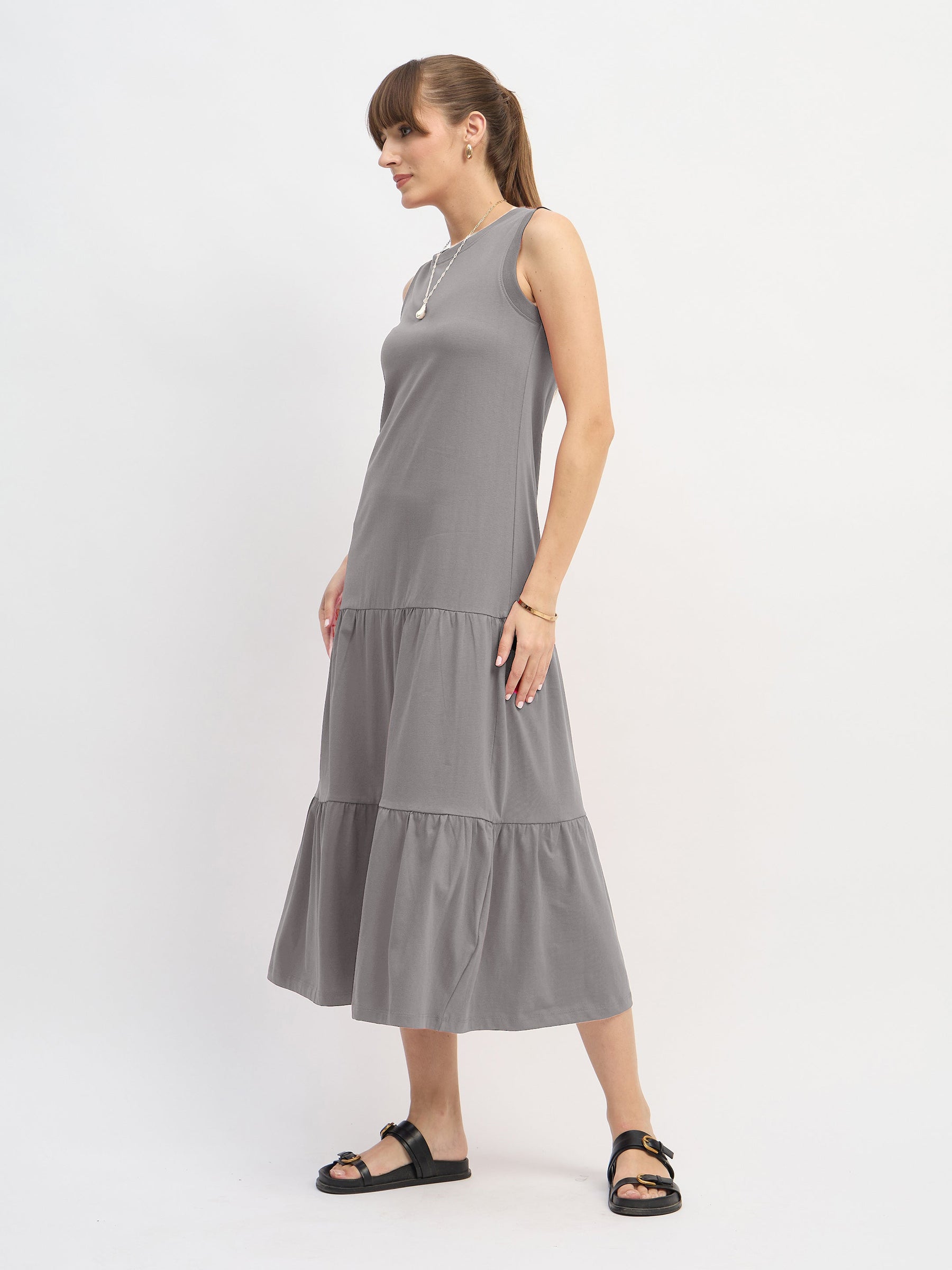 Grey Sleeveless Tiered Midi Dress-SASSAFRAS