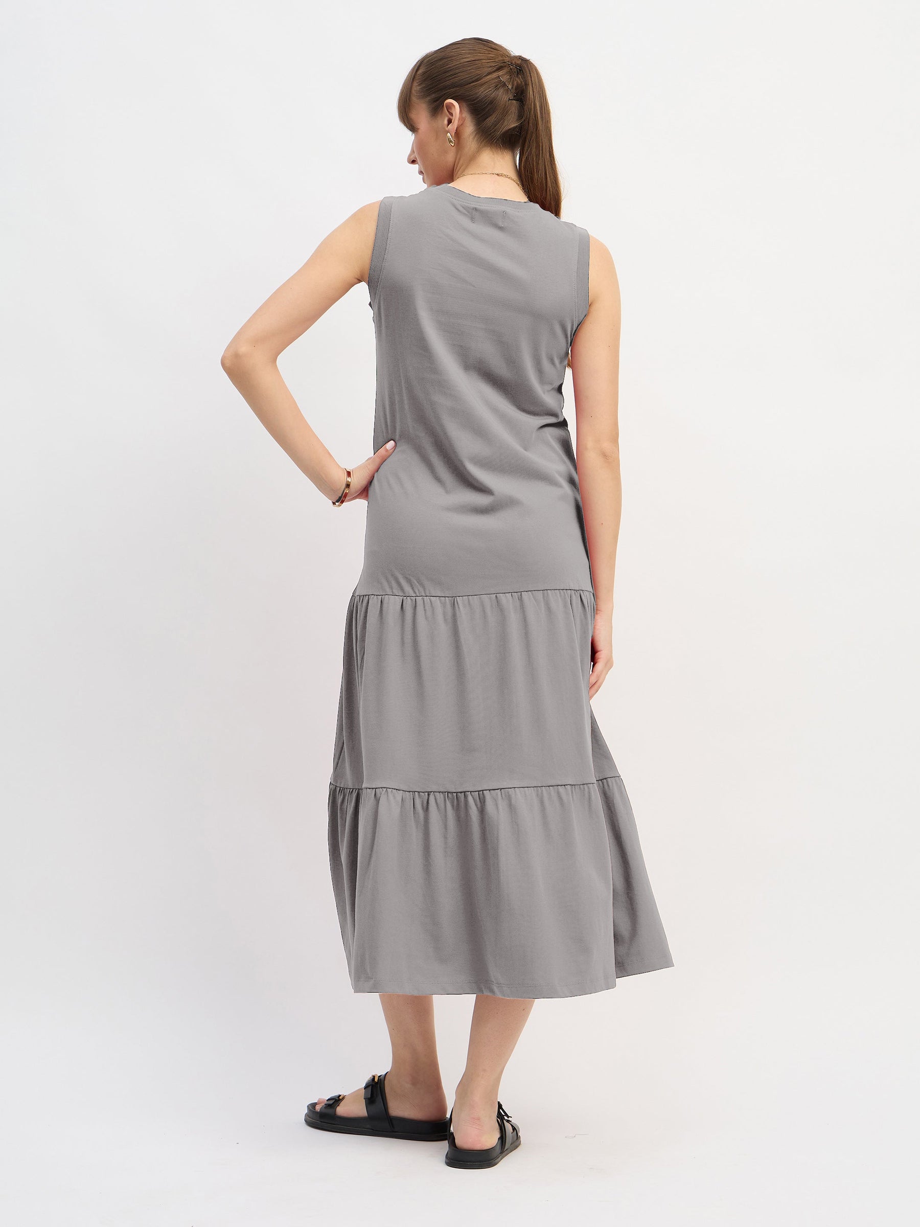 Grey Sleeveless Tiered Midi Dress-SASSAFRAS