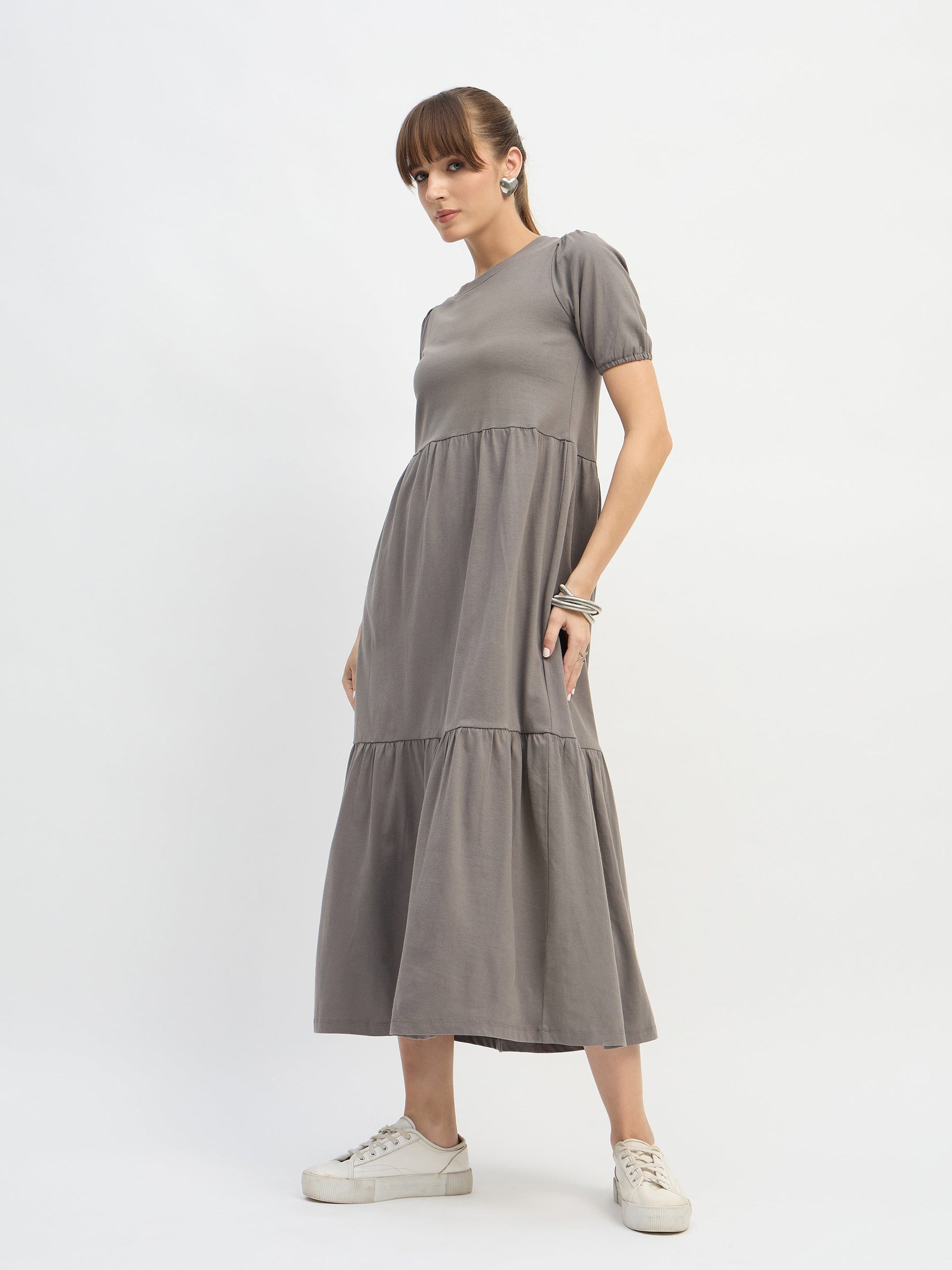 Grey Puff Sleeve Midi Dress-SASSAFRAS