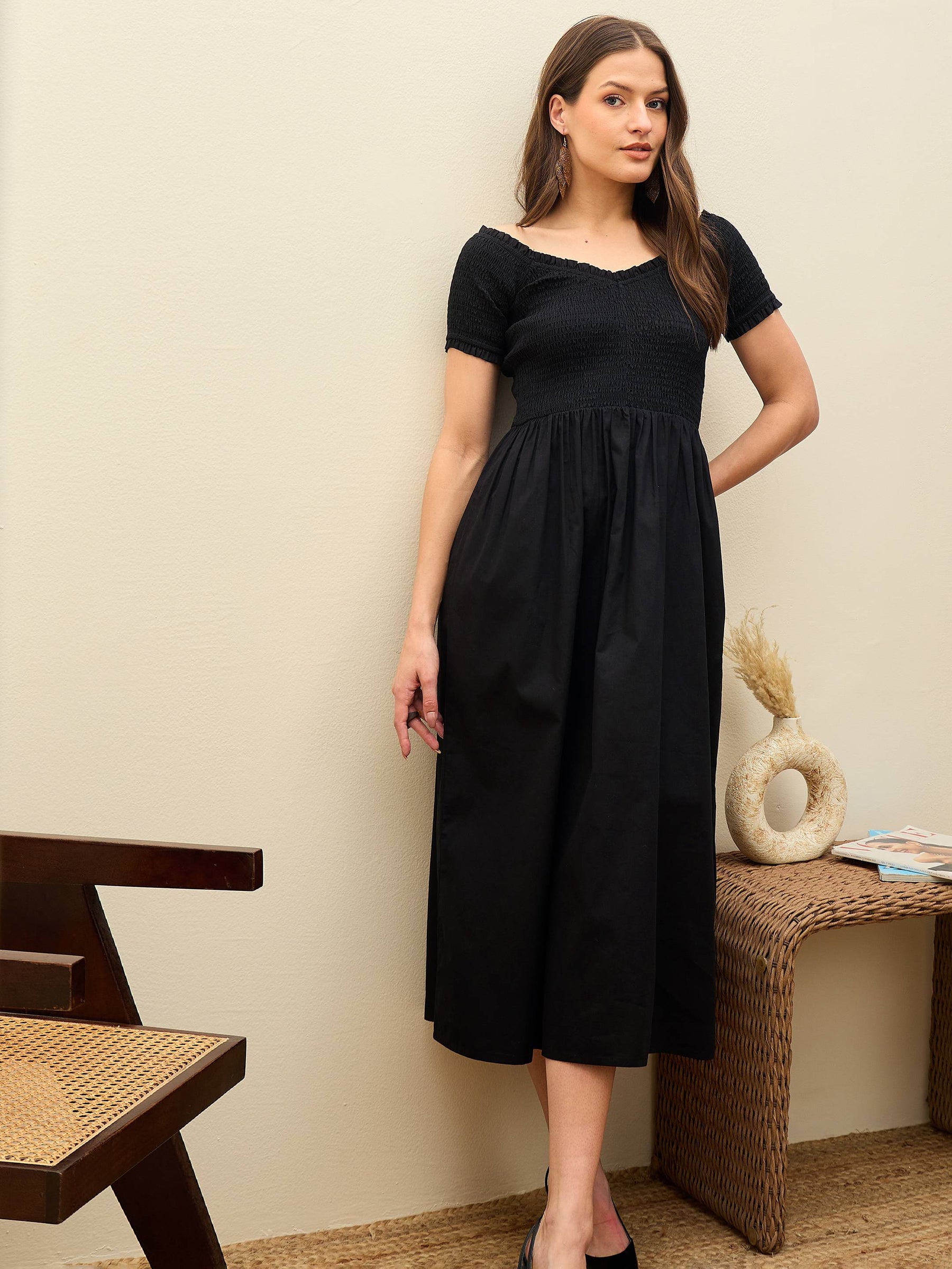 Black Poplin Smocked Midi Dress-SASSAFRAS