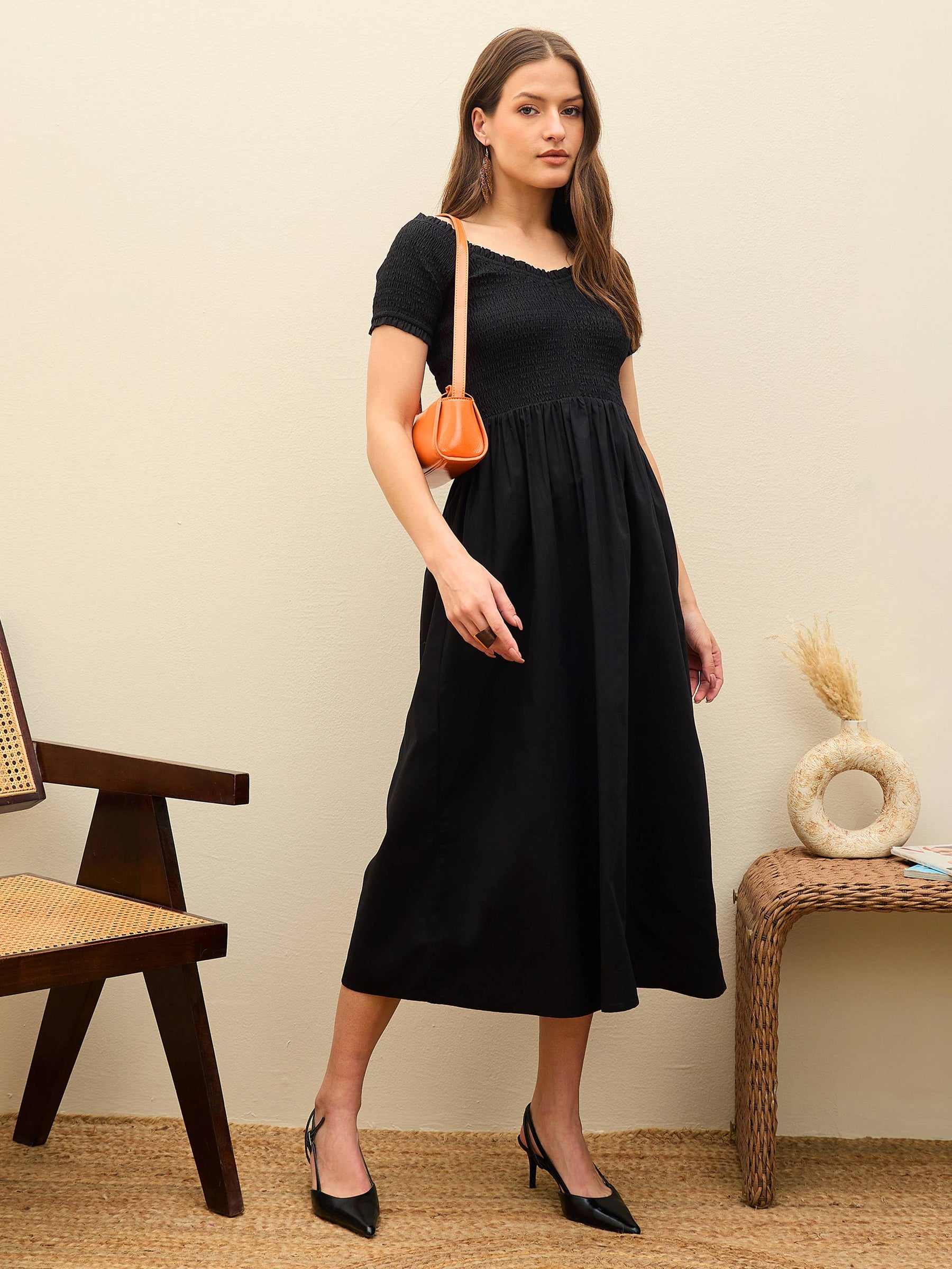 Black Poplin Smocked Midi Dress-SASSAFRAS