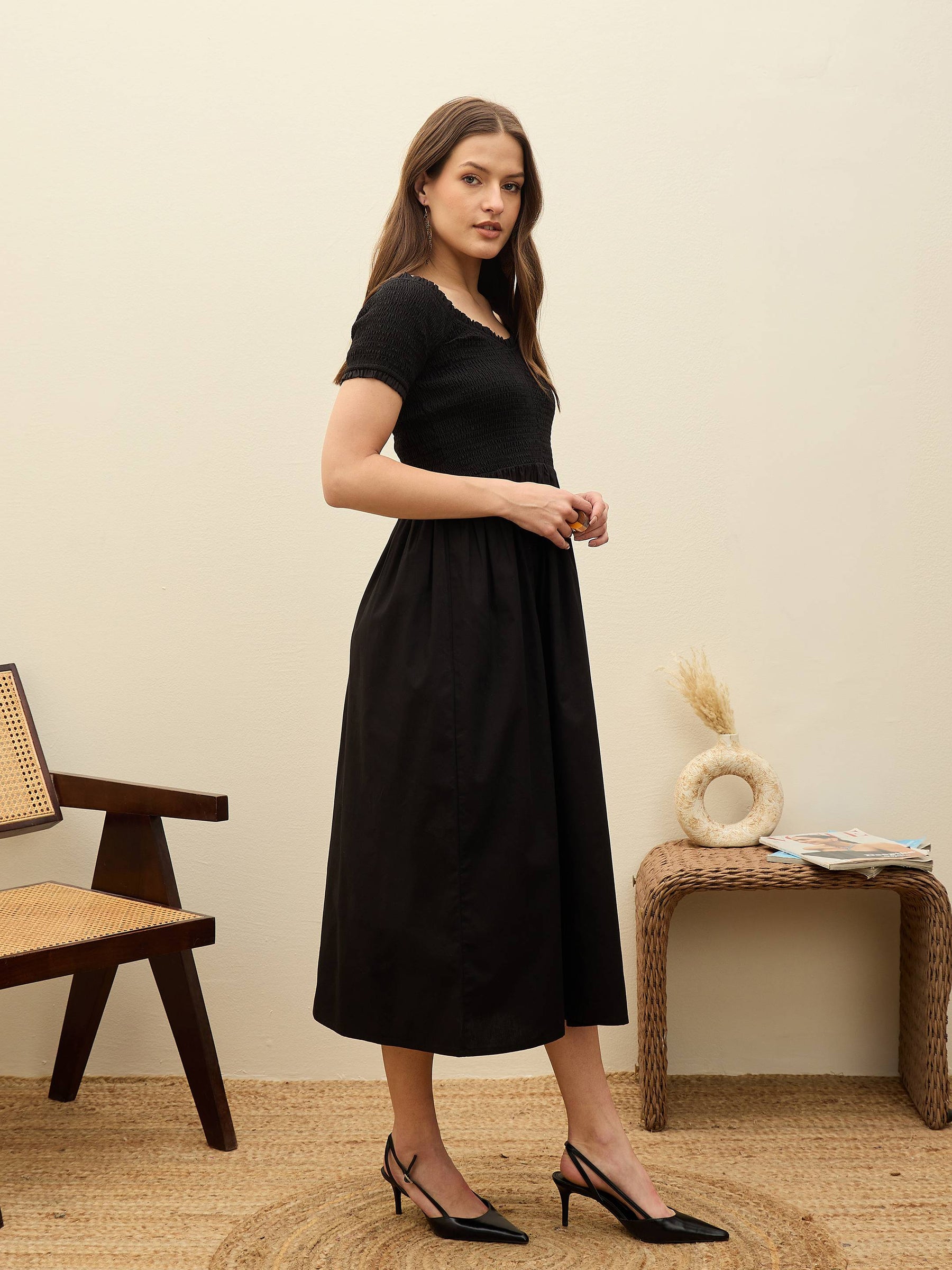 Black Poplin Smocked Midi Dress-SASSAFRAS