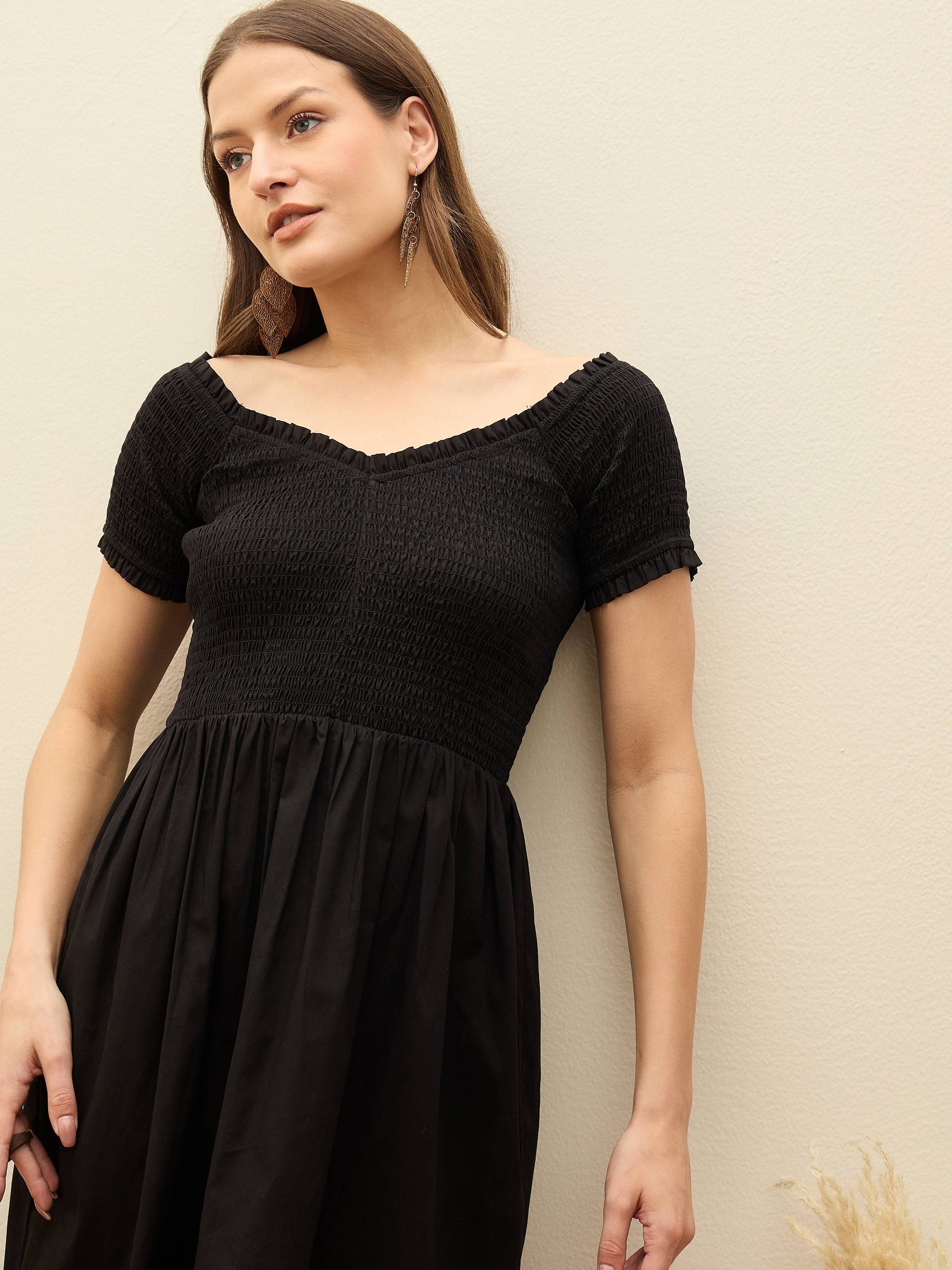 Black Poplin Smocked Midi Dress-SASSAFRAS