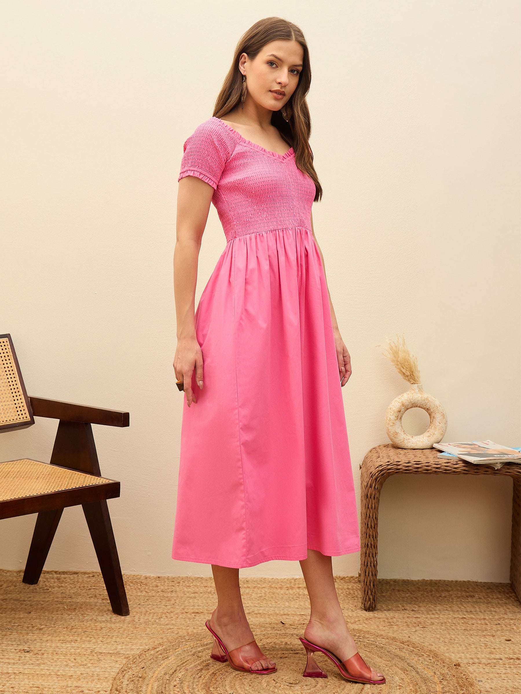 Pink Poplin Smocked Midi Dress-Pink Paprika By SASSAFRAS