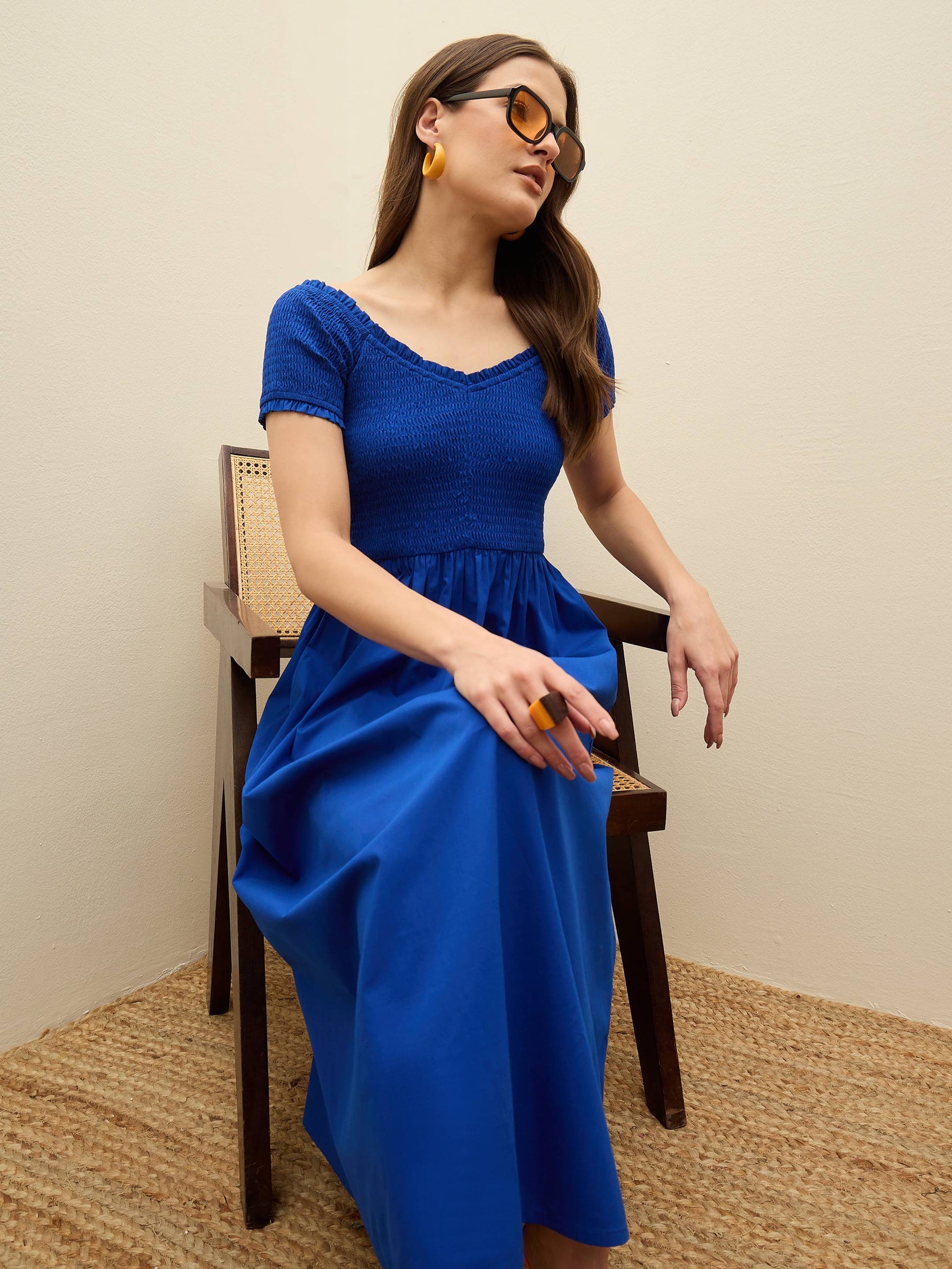 Blue Poplin Smocked Midi Dress-SASSAFRAS