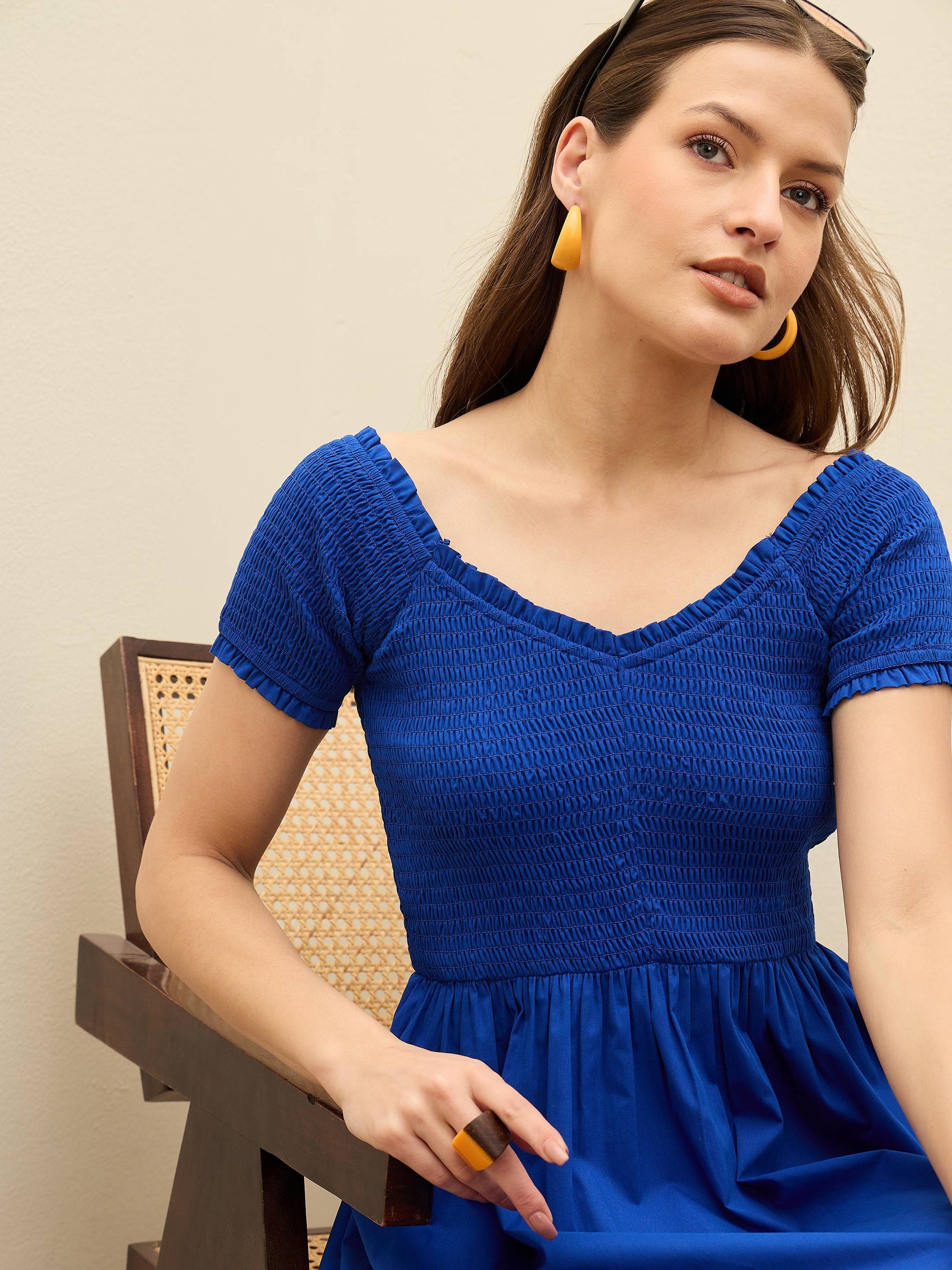 Blue Poplin Smocked Midi Dress-SASSAFRAS