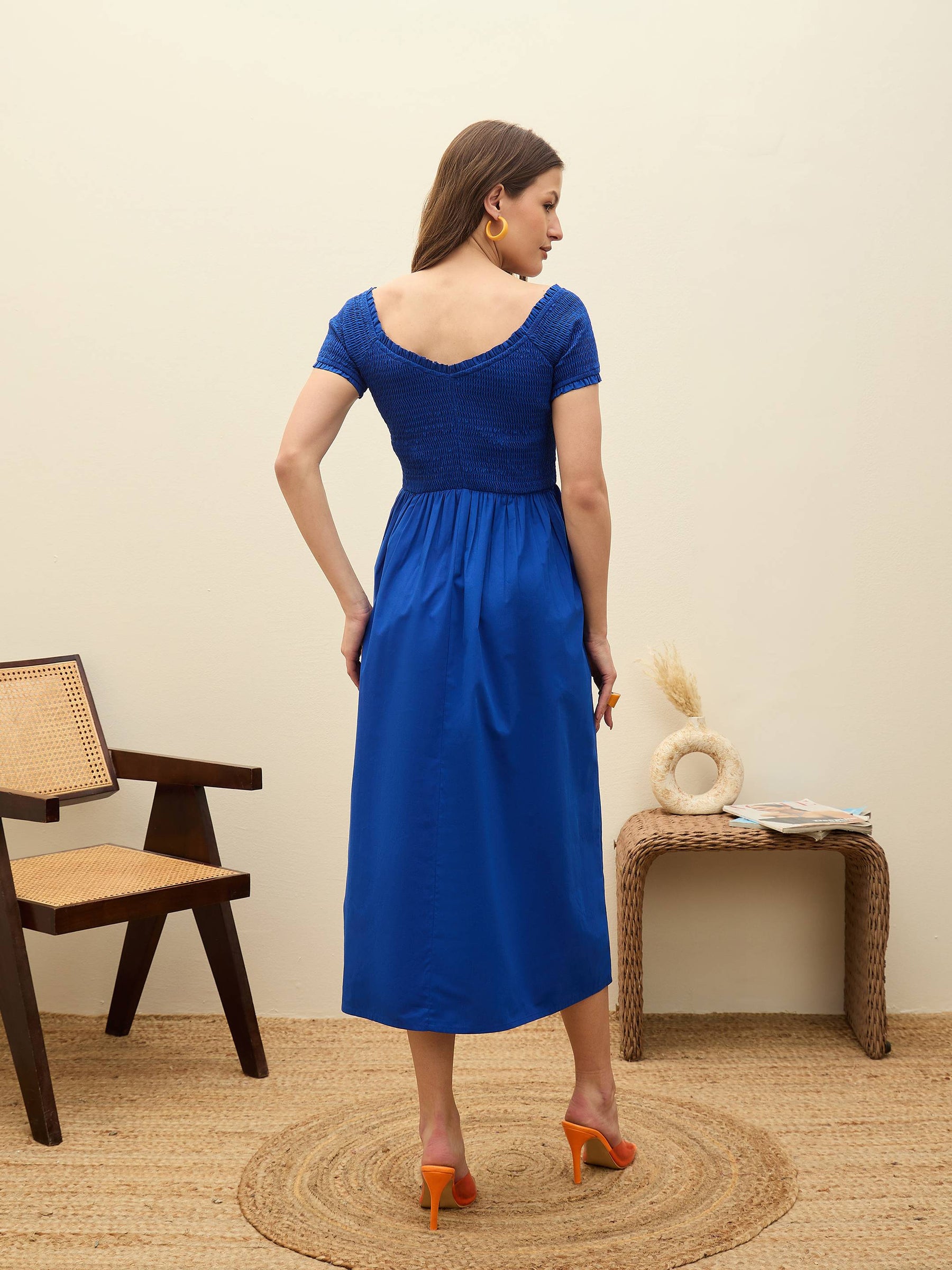 Blue Poplin Smocked Midi Dress-SASSAFRAS