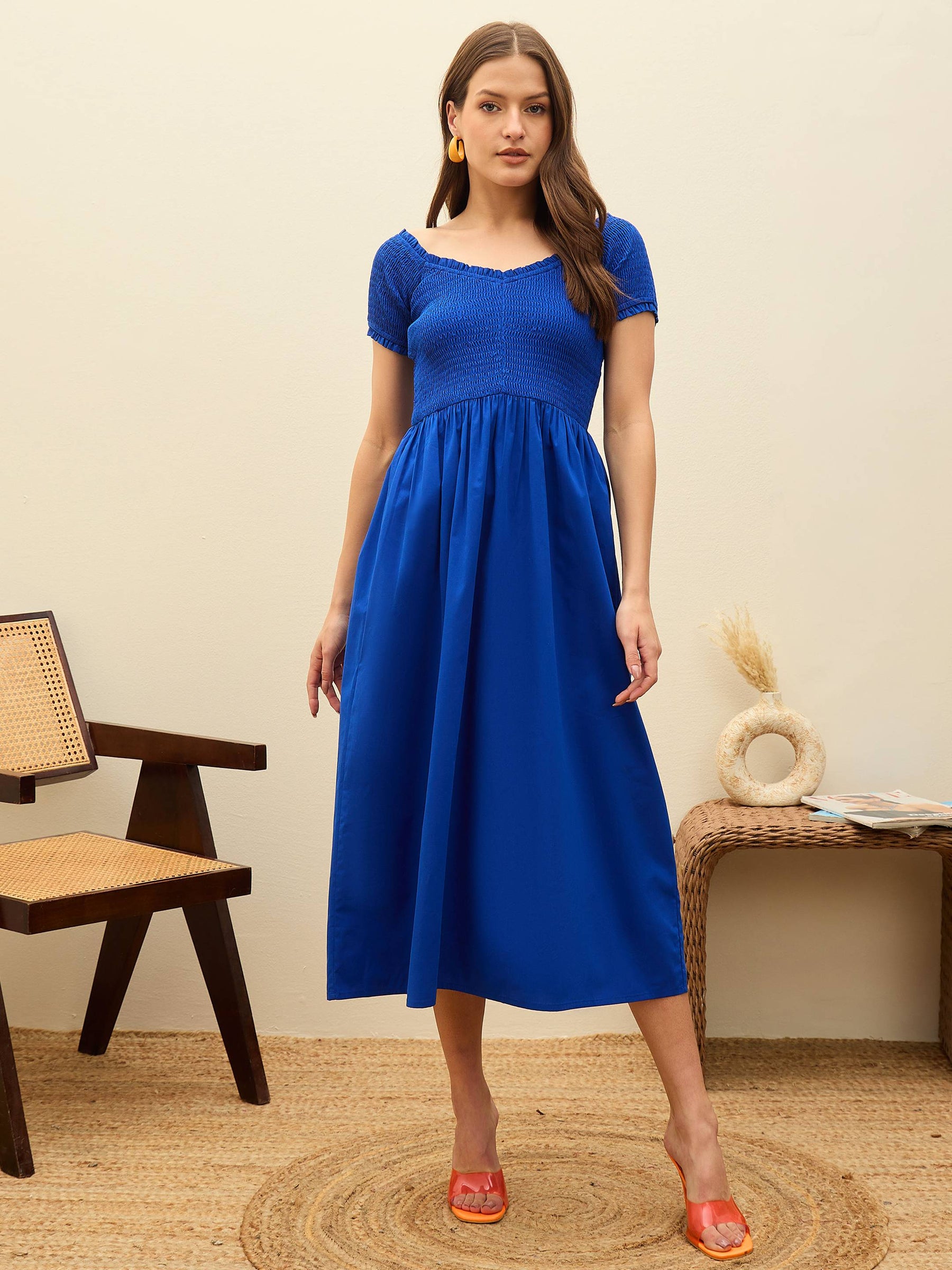Blue Poplin Smocked Midi Dress-SASSAFRAS