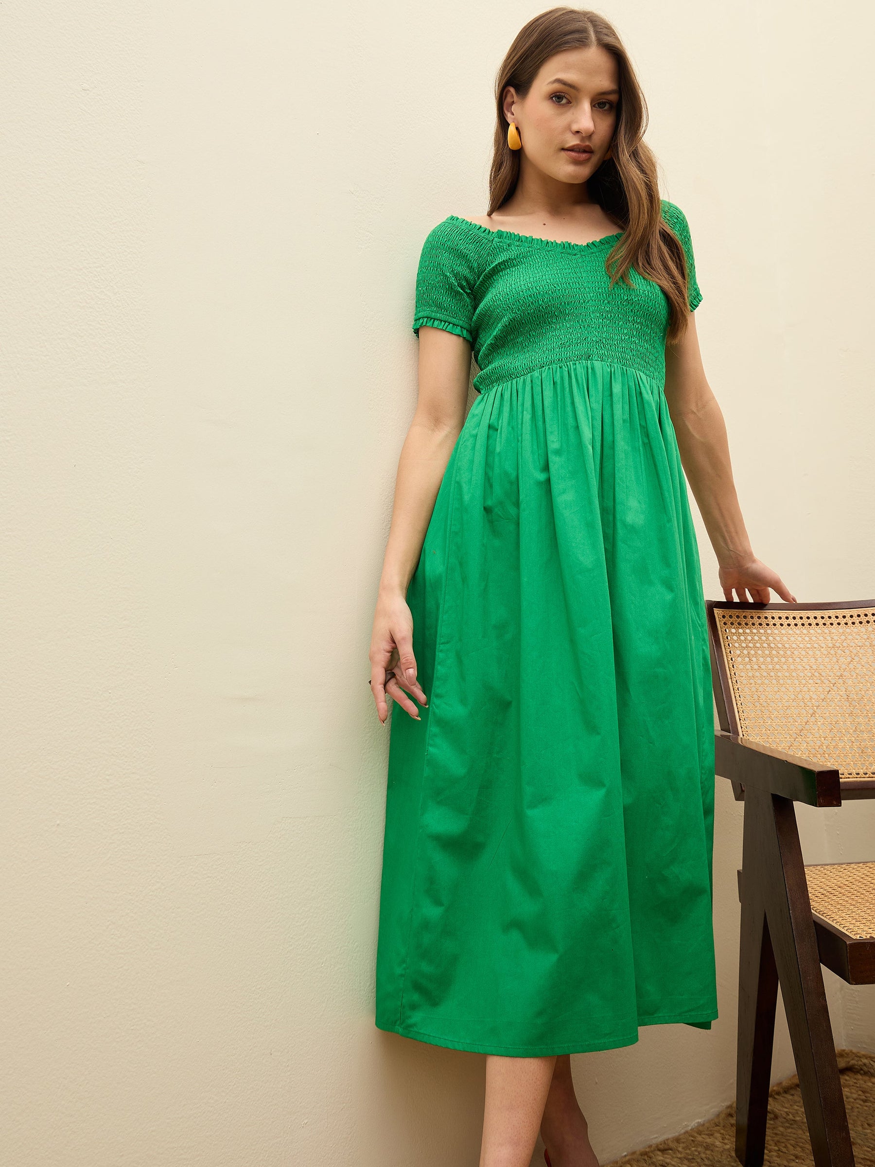 Green Poplin Smocked Midi Dress-Pink Paprika By SASSAFRAS