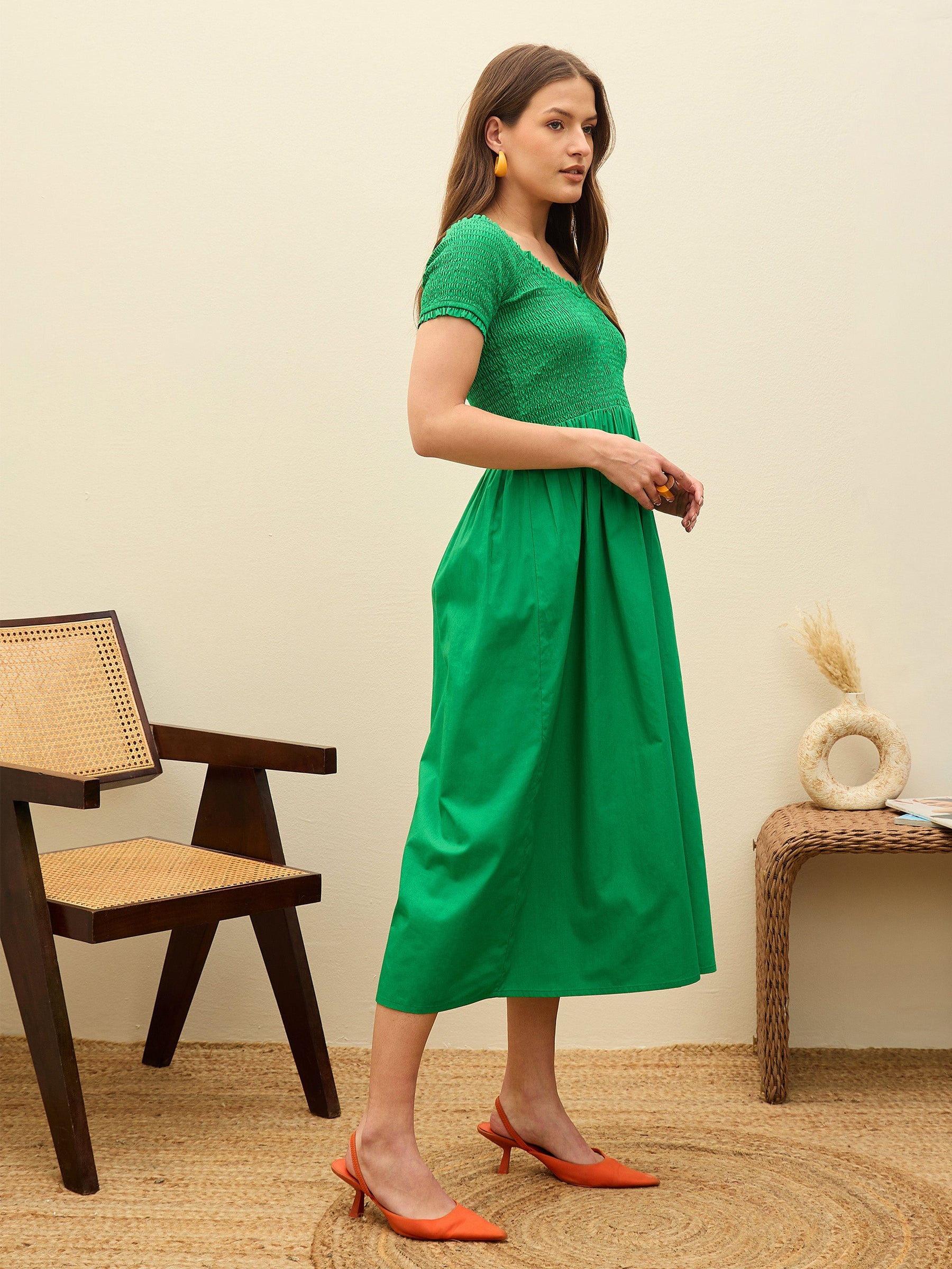 Green Poplin Smocked Midi Dress-Pink Paprika By SASSAFRAS