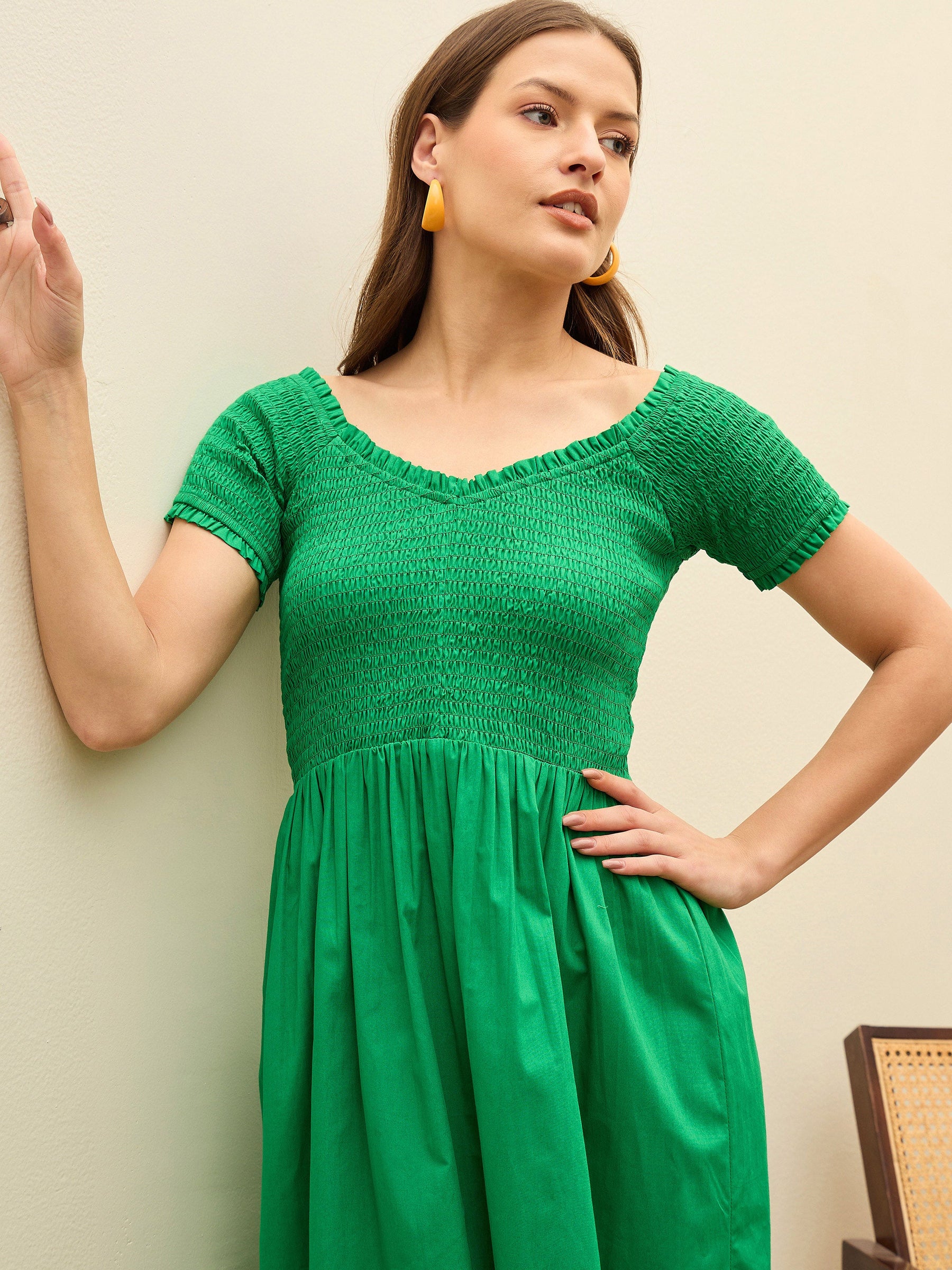Green Poplin Smocked Midi Dress-Pink Paprika By SASSAFRAS