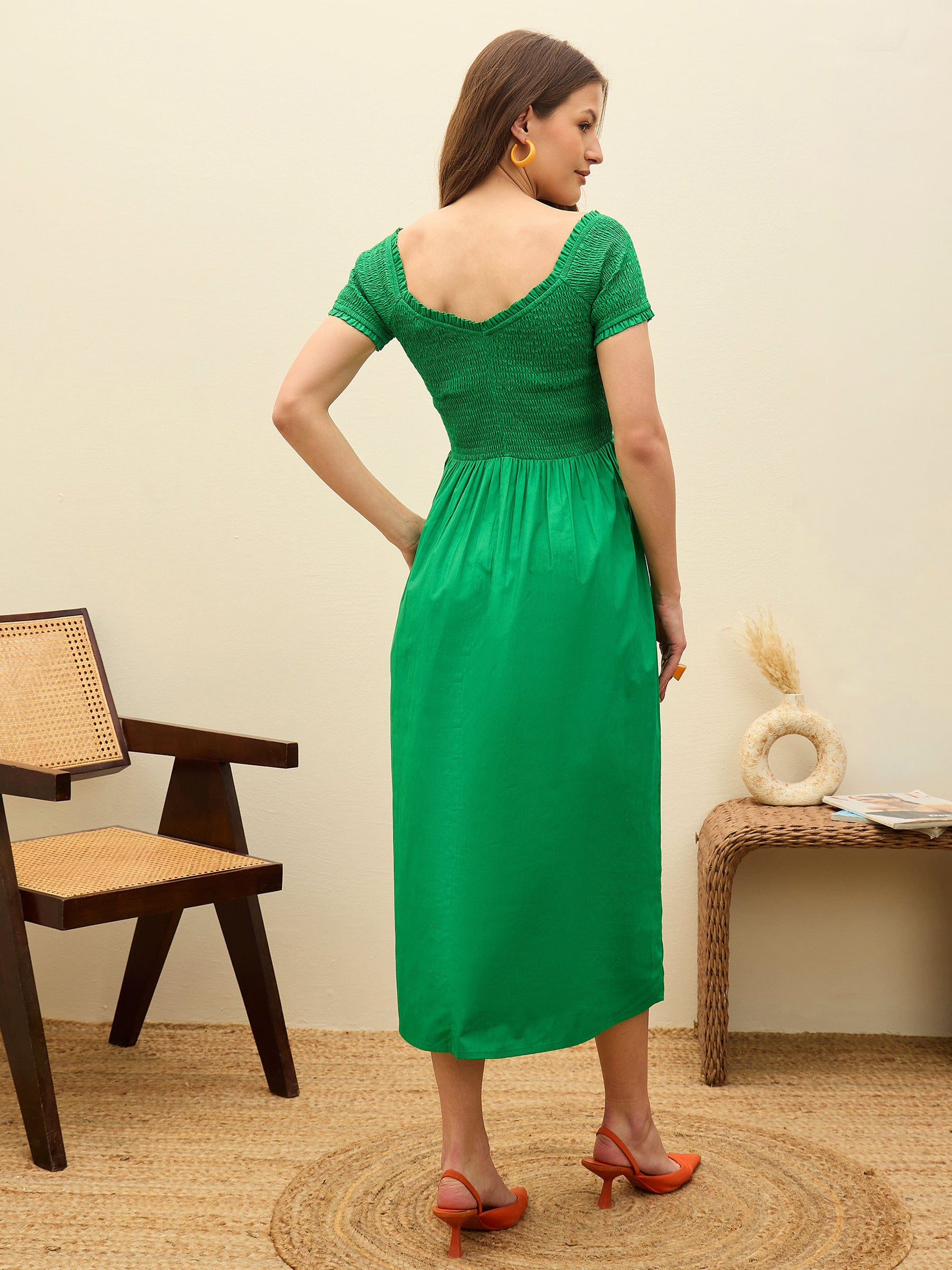 Green Poplin Smocked Midi Dress-Pink Paprika By SASSAFRAS