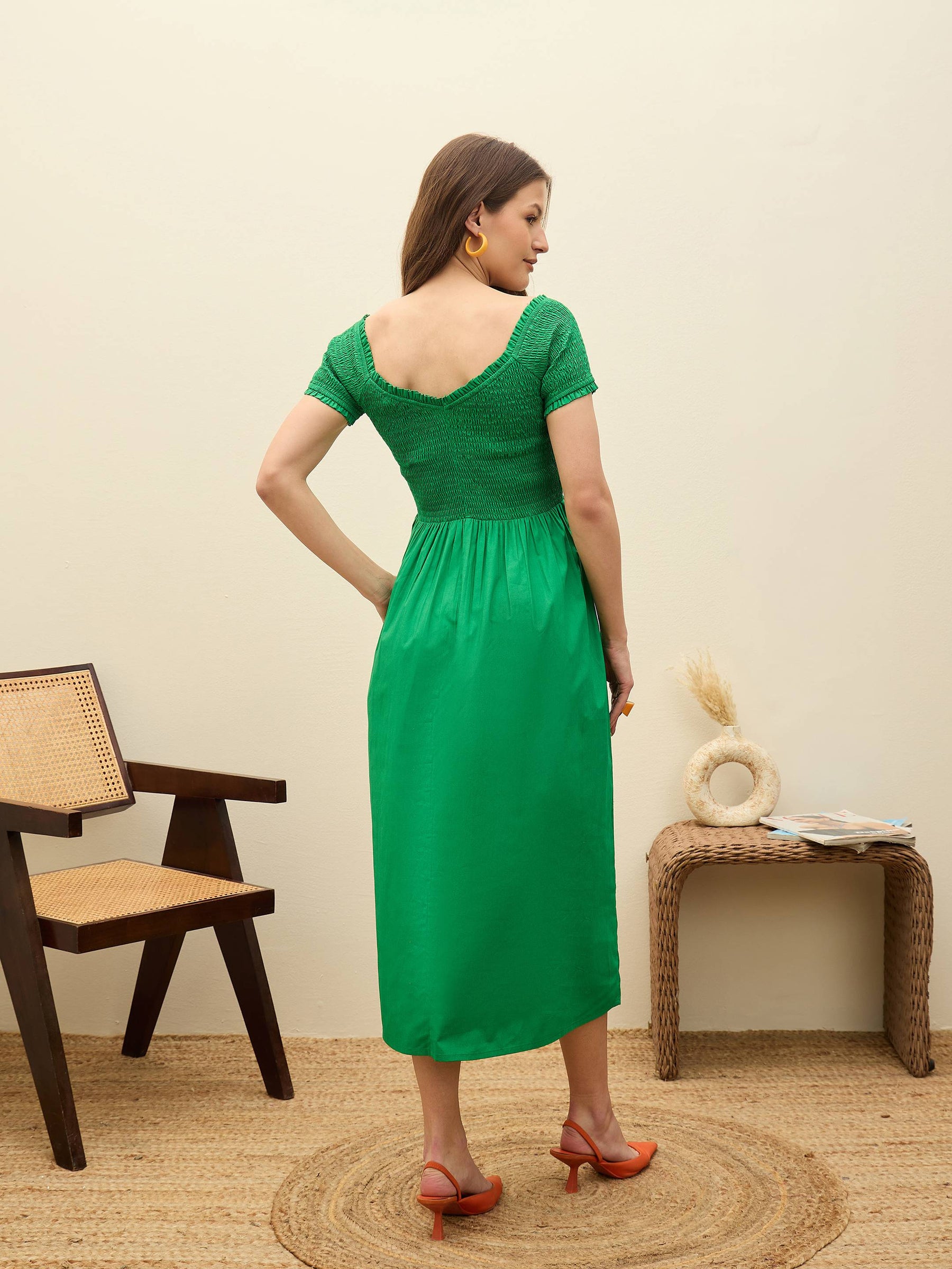 Green Poplin Smocked Midi Dress-SASSAFRAS