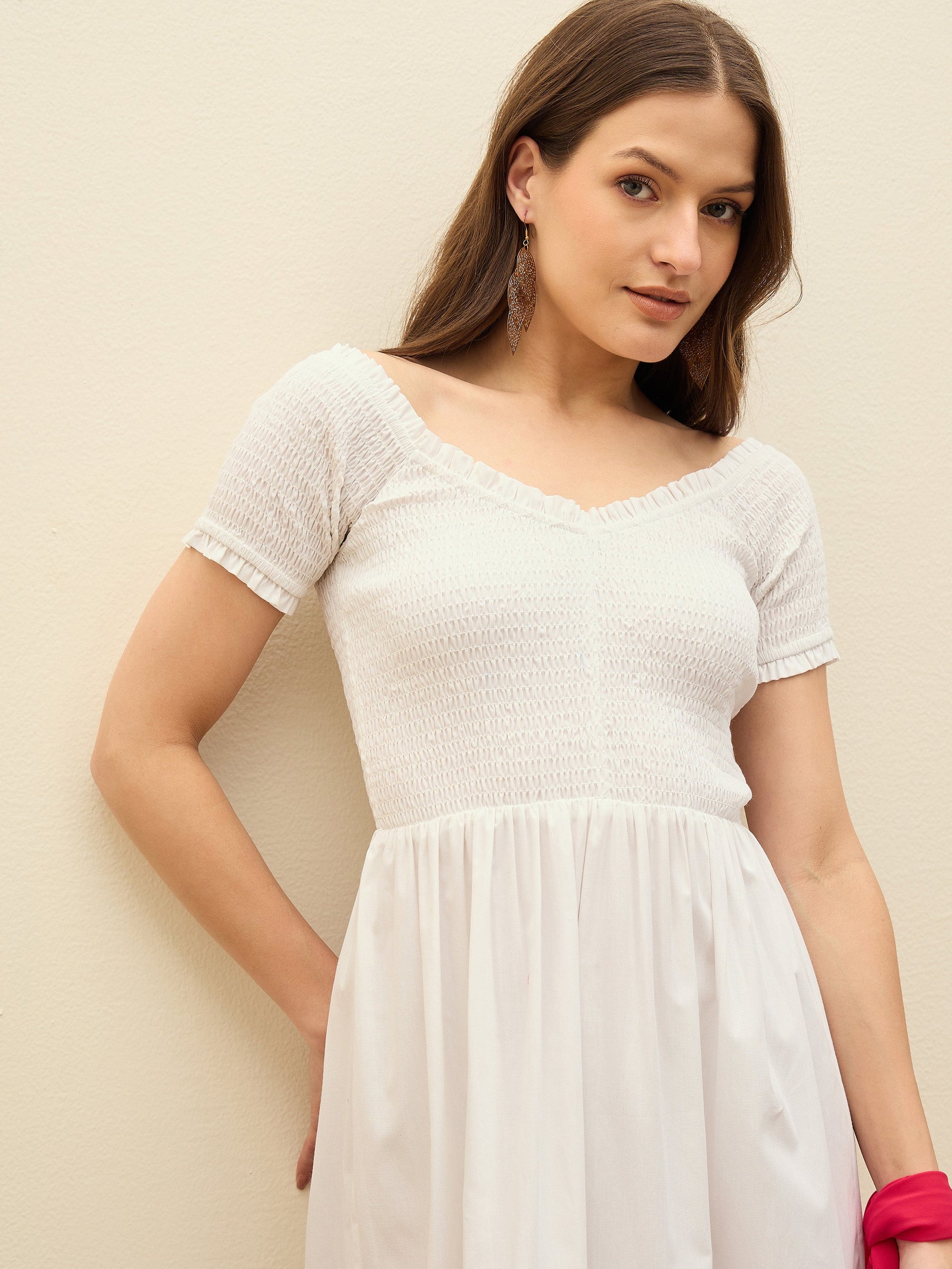 White Poplin Smocked Midi Dress-Pink Paprika By SASSAFRAS