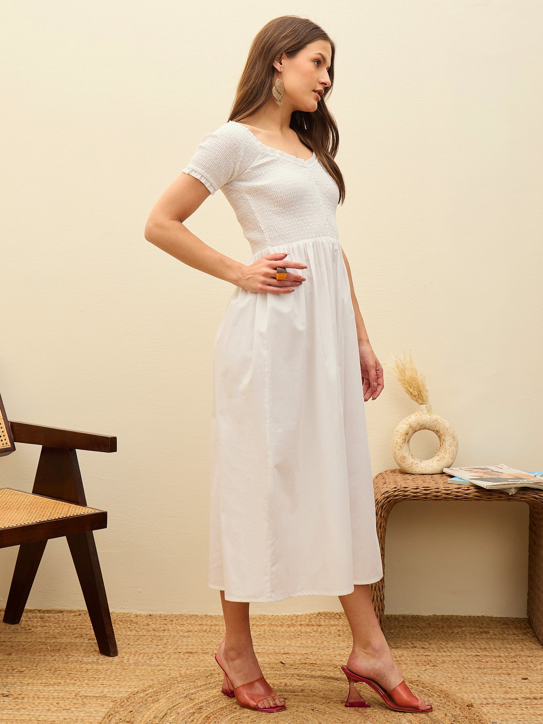 White Poplin Smocked Midi Dress-Pink Paprika By SASSAFRAS