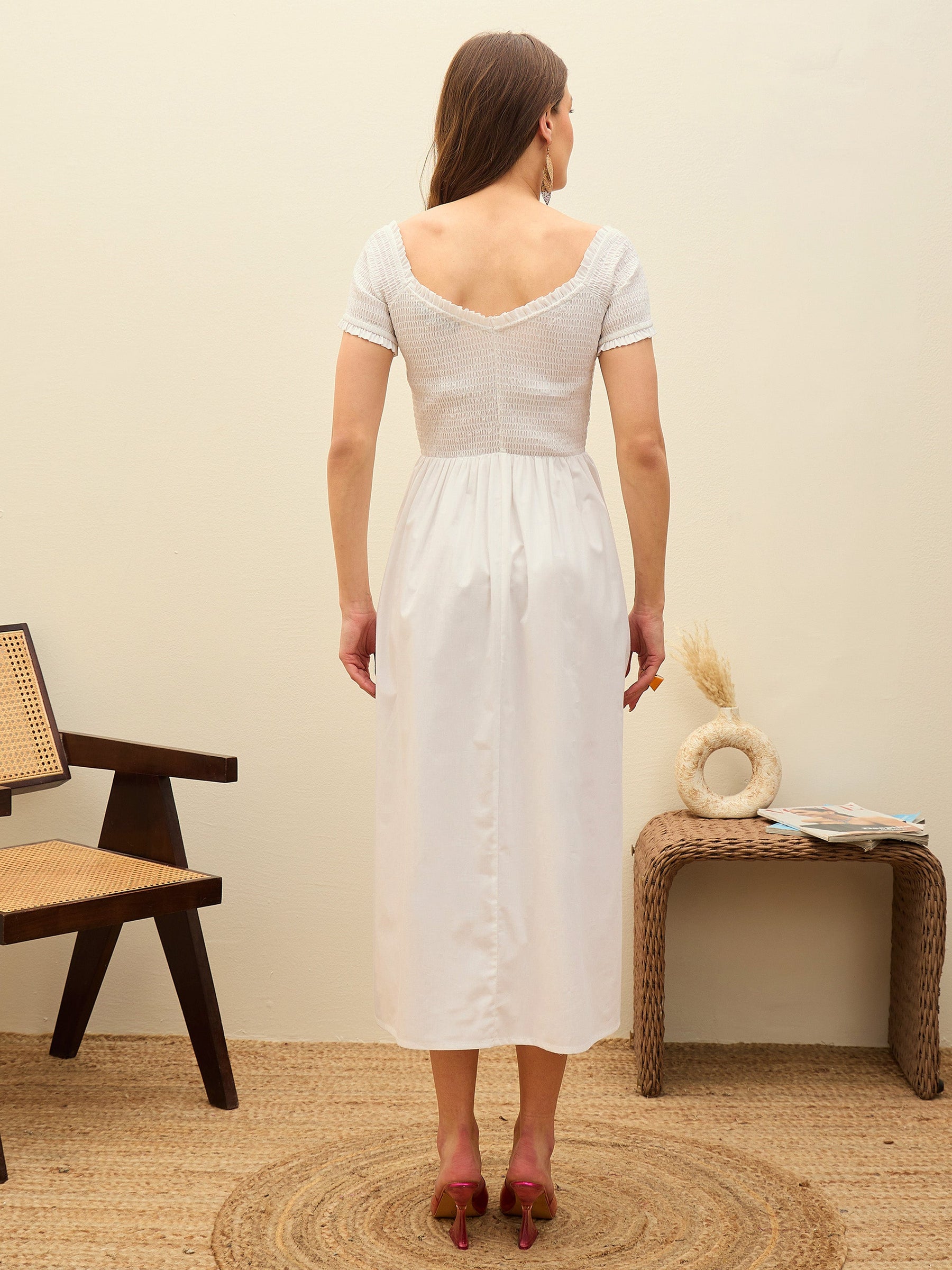 White Poplin Smocked Midi Dress-Pink Paprika By SASSAFRAS