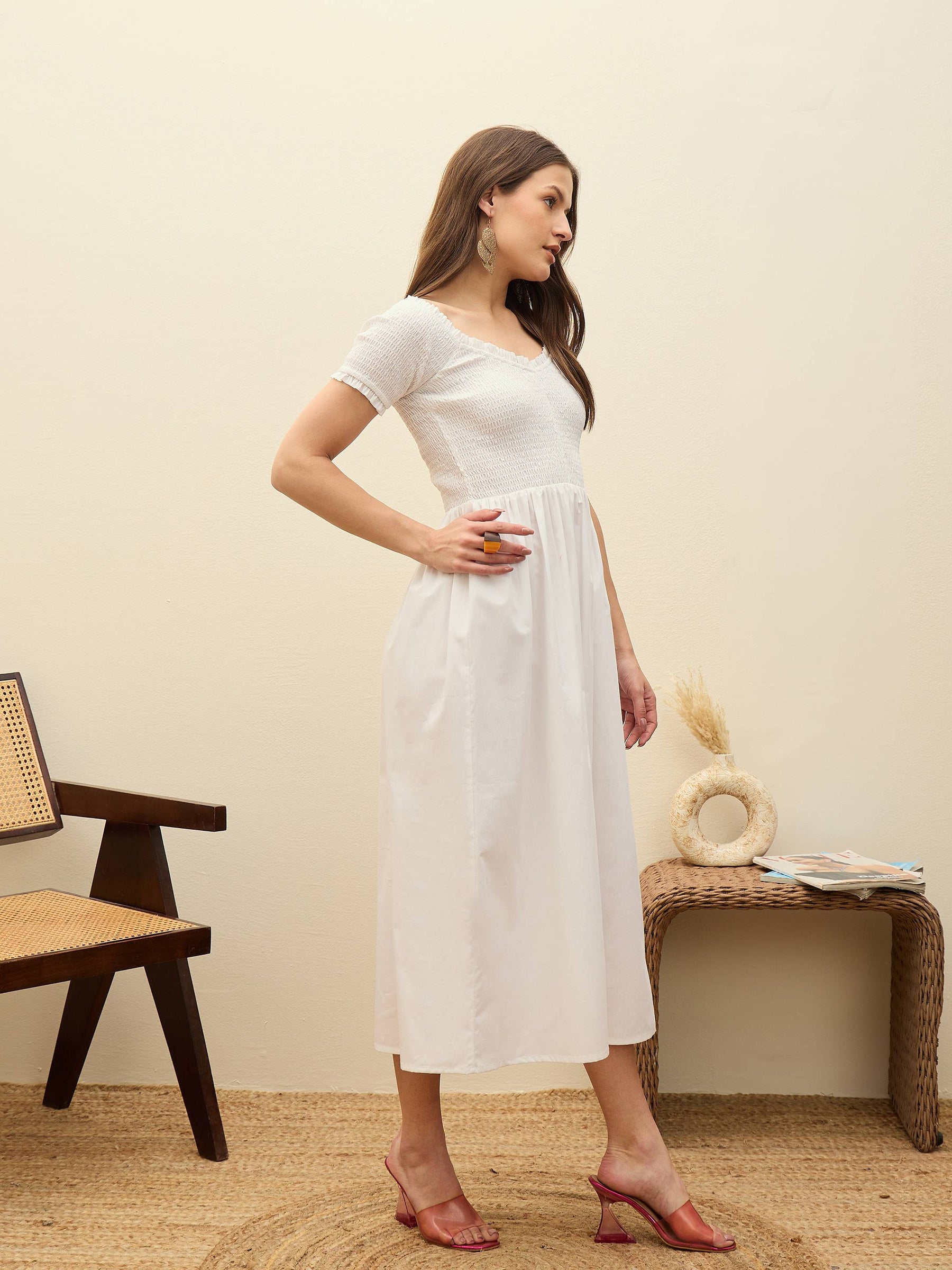 White Poplin Smocked Midi Dress-SASSAFRAS