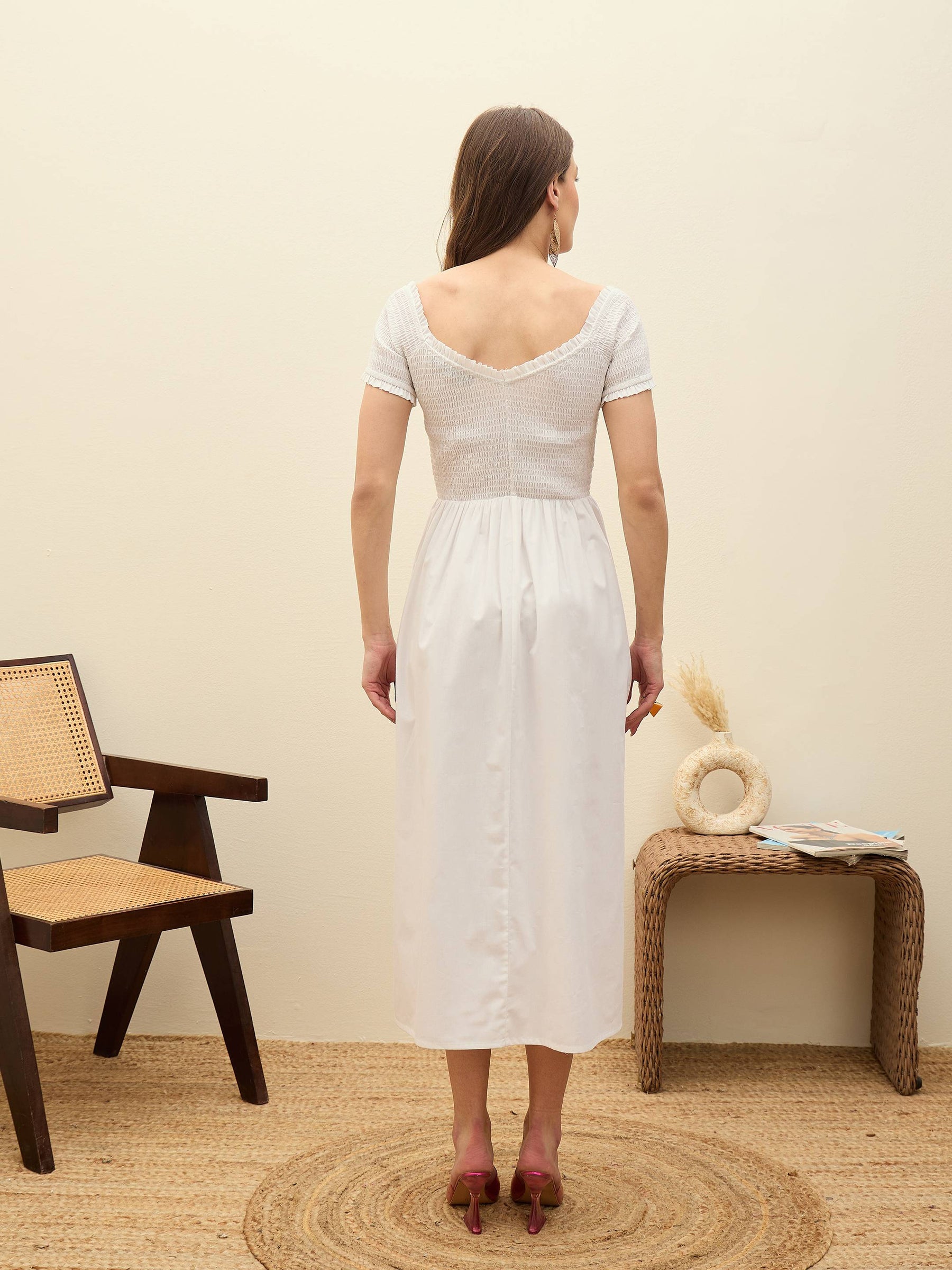 White Poplin Smocked Midi Dress-SASSAFRAS