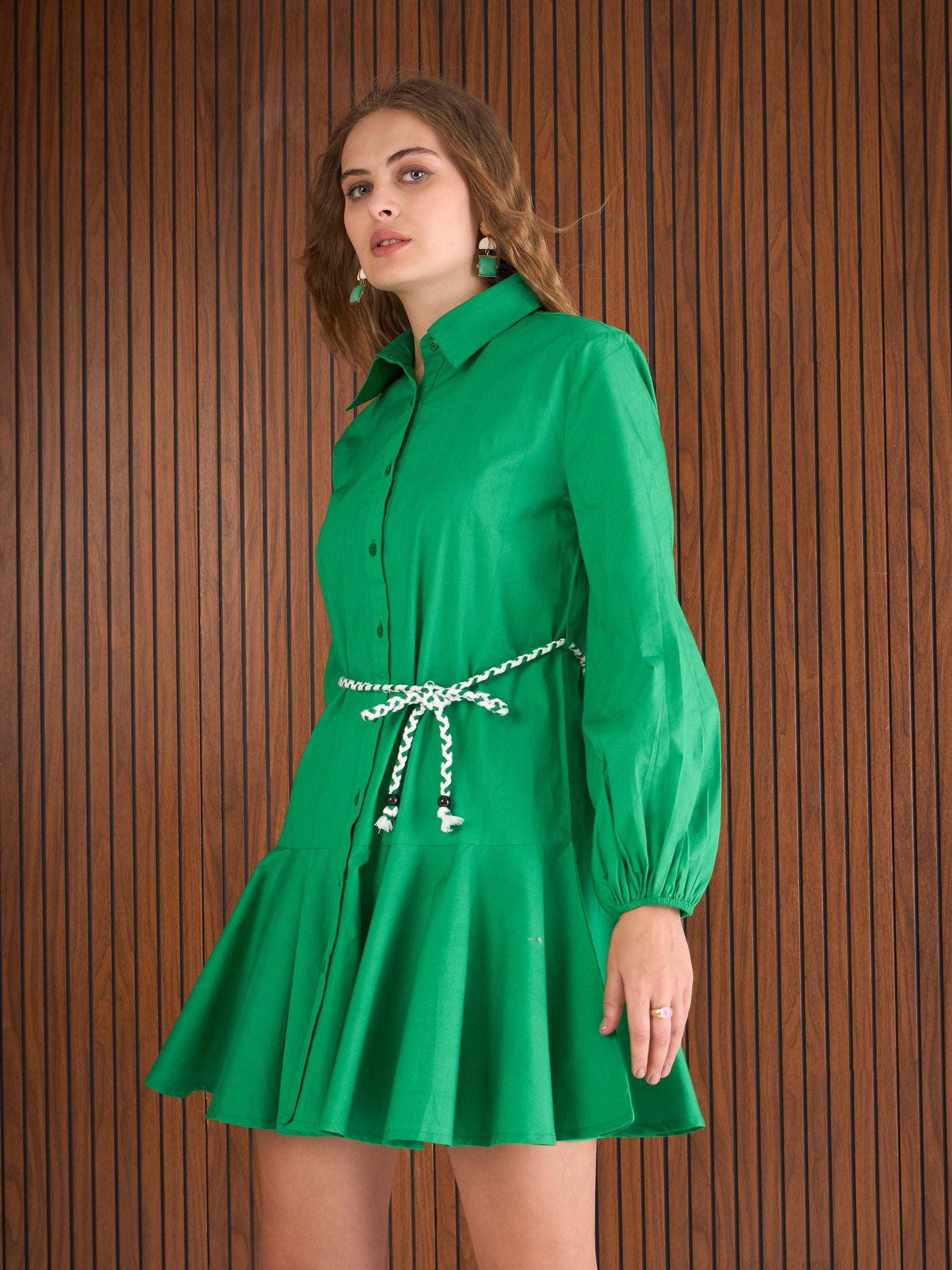 Green Poplin Flared Skater Dress-SASSAFRAS