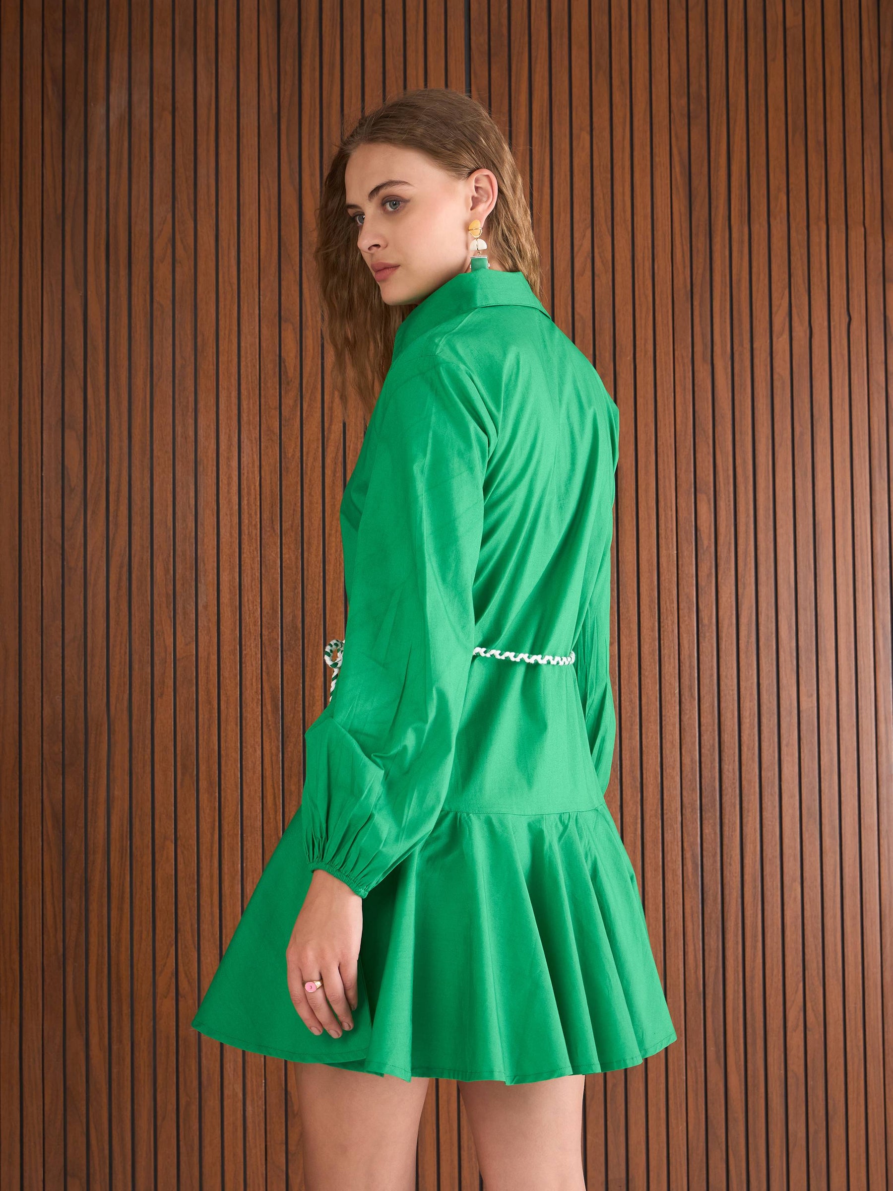 Green Poplin Flared Skater Dress-SASSAFRAS